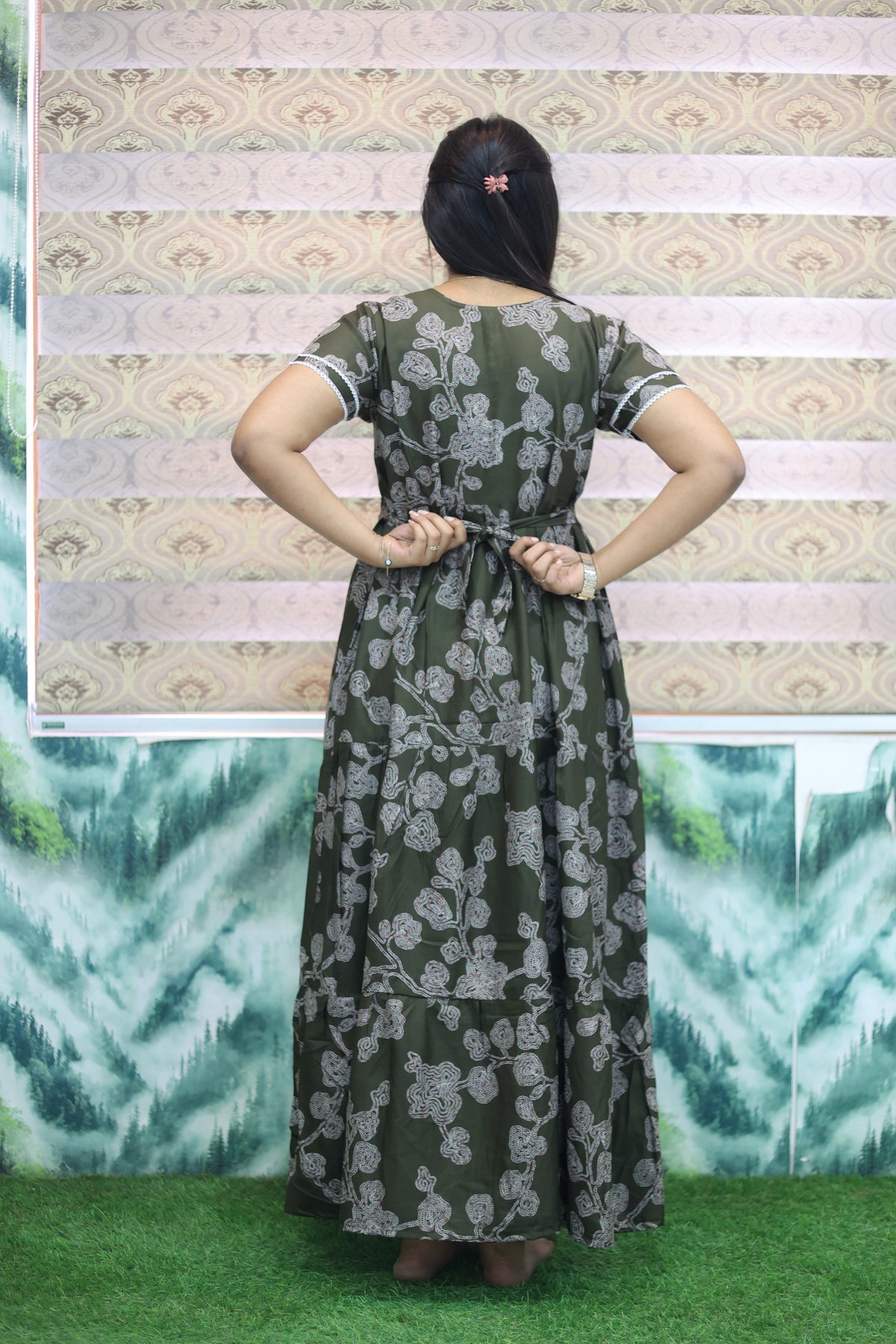 MANGAI New Alpine 3 Layer Frock for Women | Stylish Double Layer Sleeve Nighty with Fancy Neck | Back Tie Rope & Side Pocket | Flared Bottom Full Length Modern Nightwear (AFK)