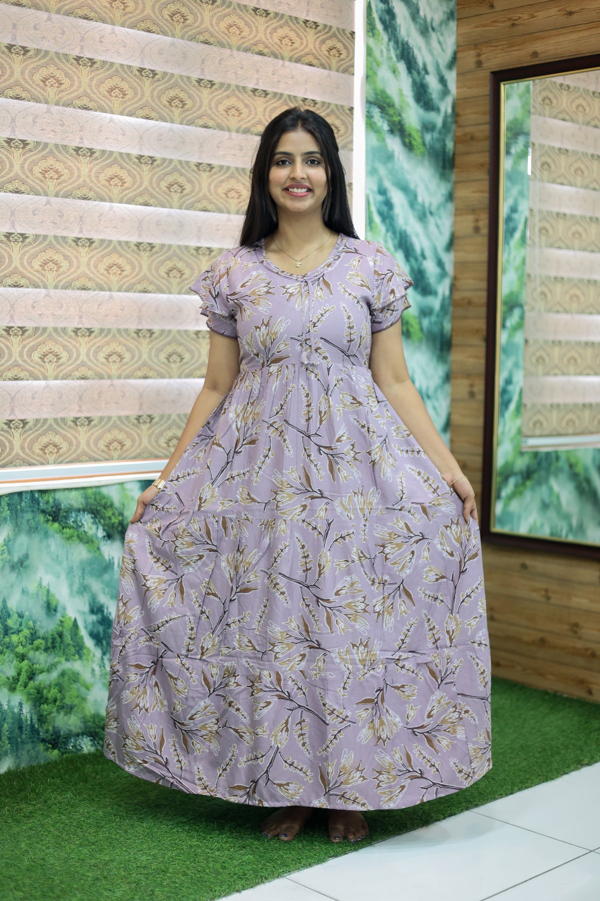 MANGAI New Alpine 3 Layer Frock for Women | Stylish Double Layer Sleeve Nighty with Fancy Neck | Back Tie Rope & Side Pocket | Flared Bottom Full Length Modern Nightwear (AFK)