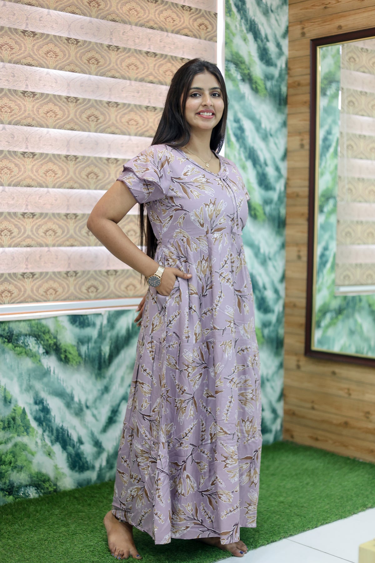 MANGAI New Alpine 3 Layer Frock for Women | Stylish Double Layer Sleeve Nighty with Fancy Neck | Back Tie Rope & Side Pocket | Flared Bottom Full Length Modern Nightwear (AFK)