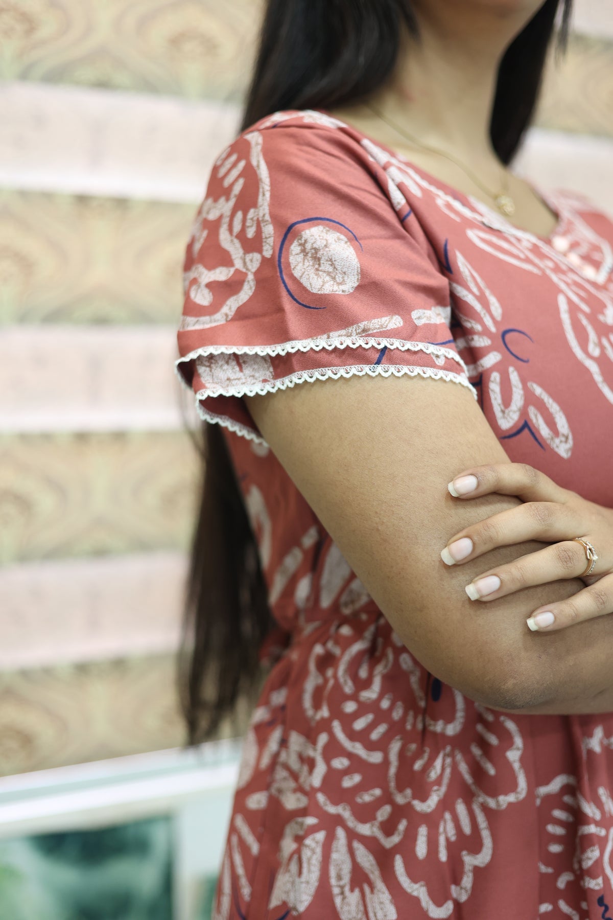 MANGAI New Alpine 3 Layer Frock for Women | Stylish Double Layer Sleeve Nighty with Fancy Neck | Back Tie Rope & Side Pocket | Flared Bottom Full Length Modern Nightwear (AFK)