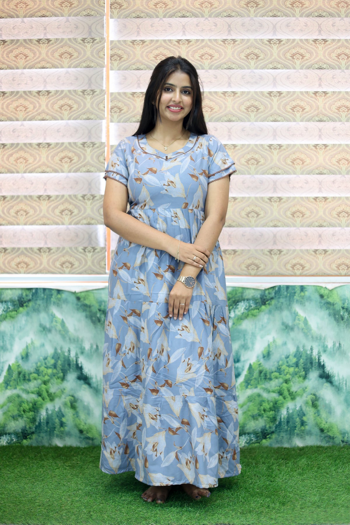 MANGAI New Alpine 3 Layer Frock for Women | Stylish Double Layer Sleeve Nighty with Fancy Neck | Back Tie Rope & Side Pocket | Flared Bottom Full Length Modern Nightwear (AFK)