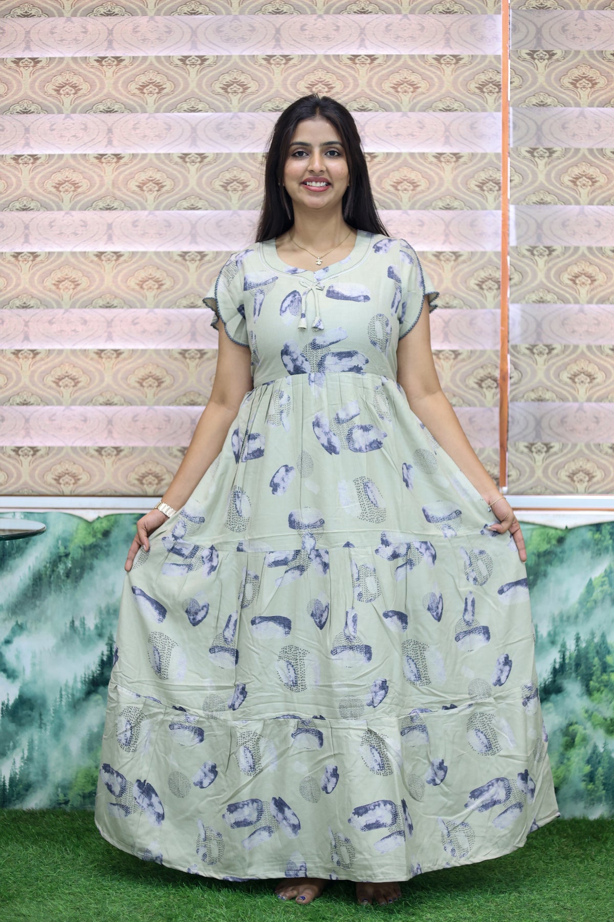 MANGAI New Alpine 3 Layer Frock for Women | Stylish Petal Sleeve Nighty with Fancy Neck | Back Tie Rope & Side Pocket | Flared Bottom Full Length Cozy Modern Nightwear (AFK)