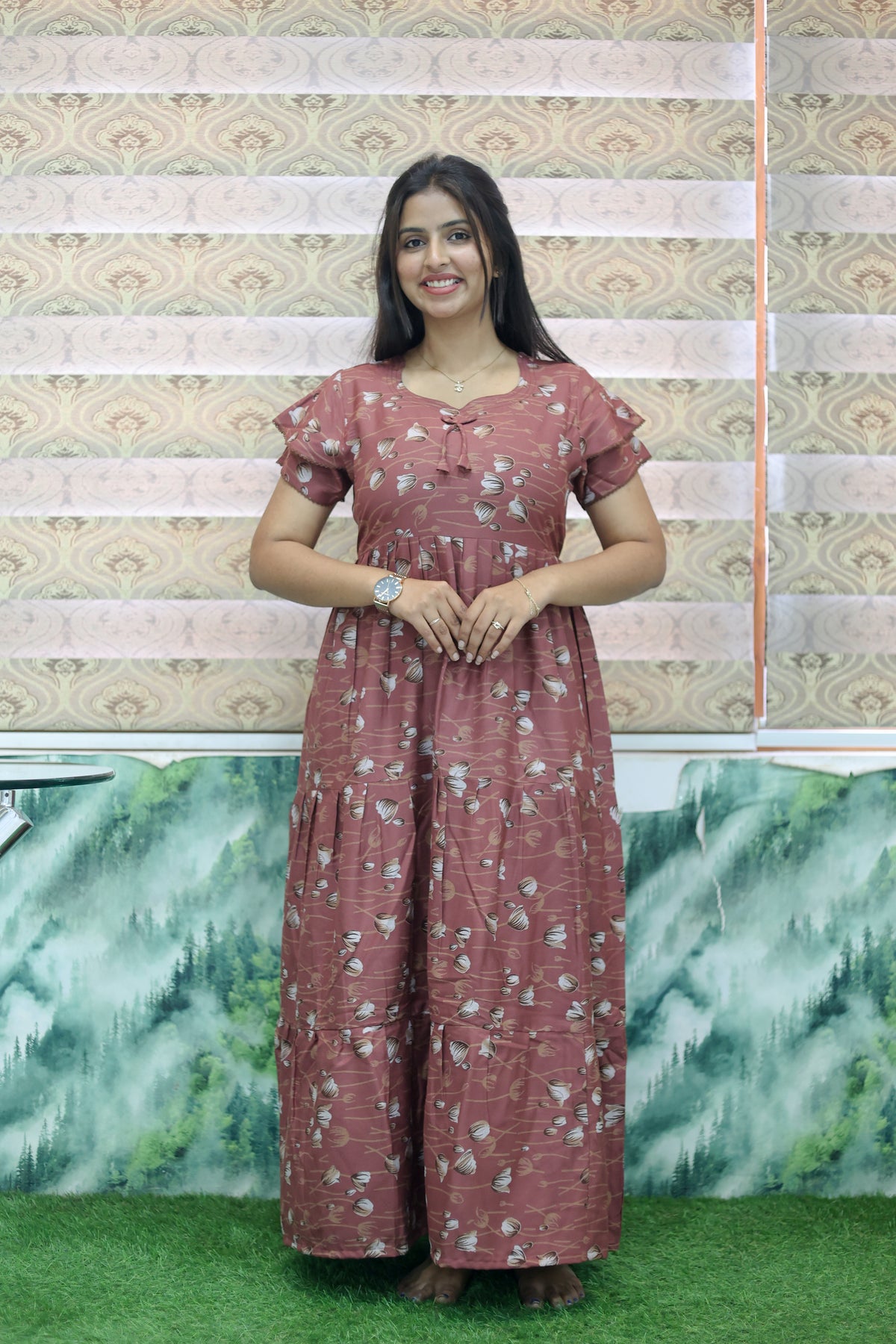 MANGAI New Alpine 3 Layer Frock for Women | Stylish Double Layer Sleeve Nighty with Fancy Neck | Back Tie Rope & Side Pocket | Flared Bottom Full Length Modern Nightwear (AFK)