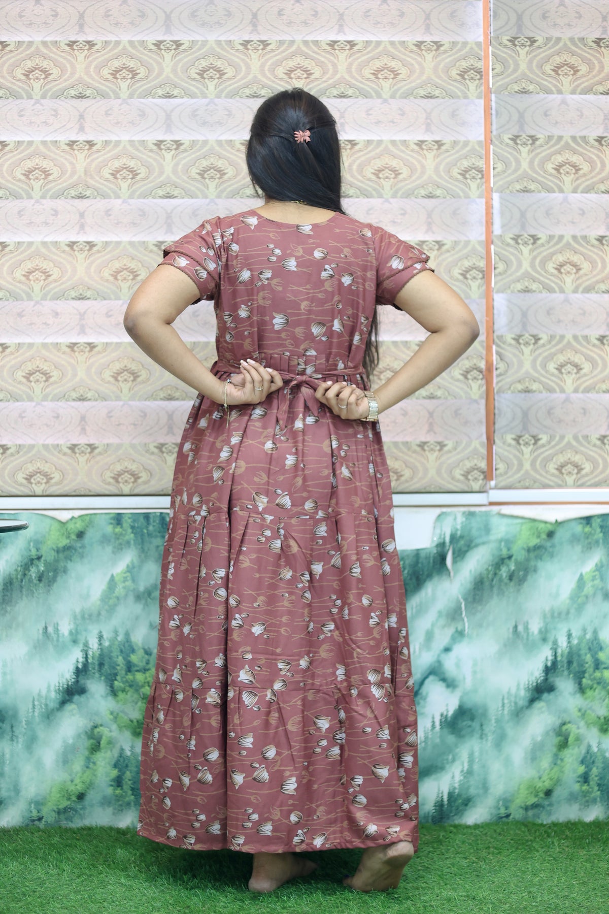 MANGAI New Alpine 3 Layer Frock for Women | Stylish Double Layer Sleeve Nighty with Fancy Neck | Back Tie Rope & Side Pocket | Flared Bottom Full Length Modern Nightwear (AFK)