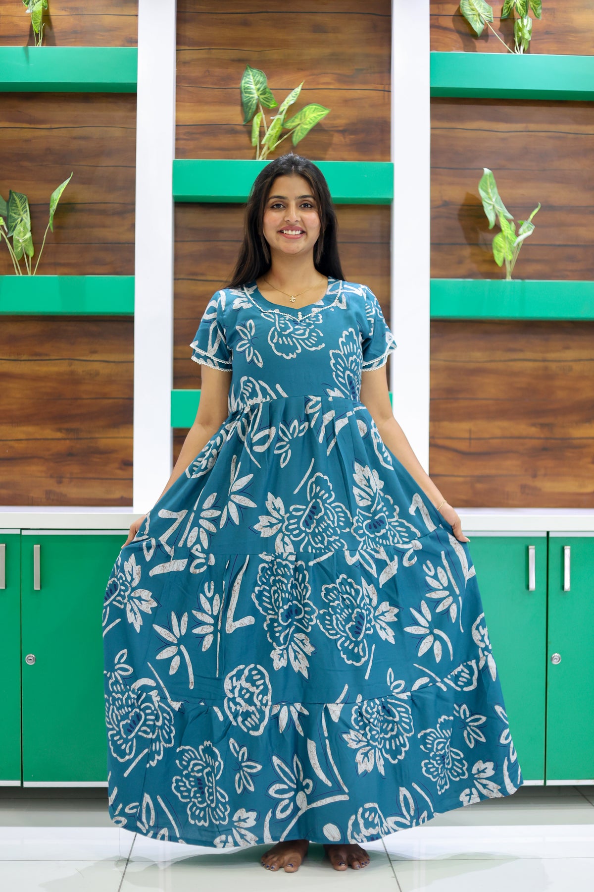 MANGAI New Alpine 3 Layer Frock for Women | Stylish Double Layer Sleeve Nighty with Fancy Neck | Back Tie Rope & Side Pocket | Flared Bottom Full Length Modern Nightwear (AFK)