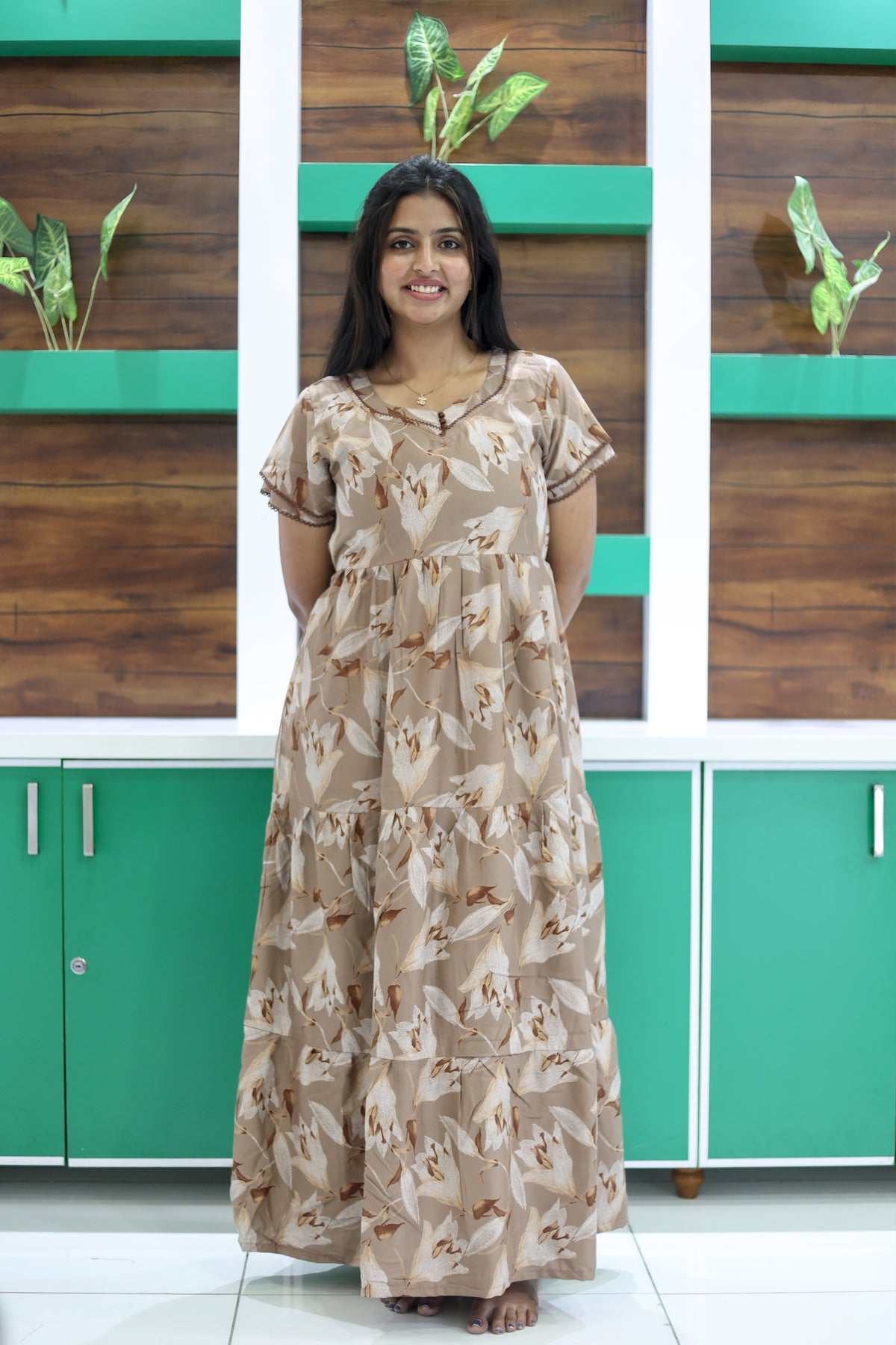 MANGAI New Alpine 3 Layer Frock for Women | Stylish Double Layer Sleeve Nighty with Fancy Neck | Back Tie Rope & Side Pocket | Flared Bottom Full Length Modern Nightwear (AFK)