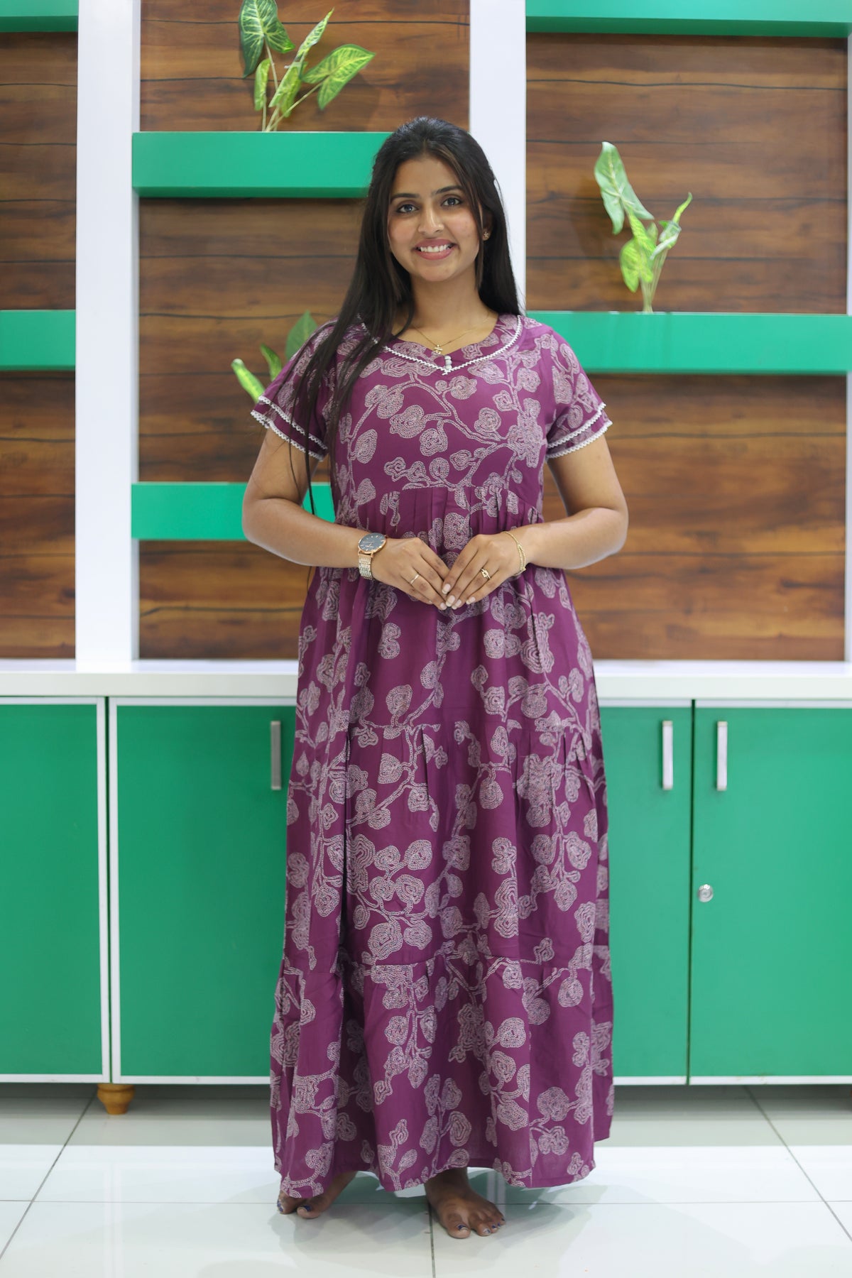 MANGAI New Alpine 3 Layer Frock for Women | Stylish Double Layer Sleeve Nighty with Fancy Neck | Back Tie Rope & Side Pocket | Flared Bottom Full Length Modern Nightwear (AFK)