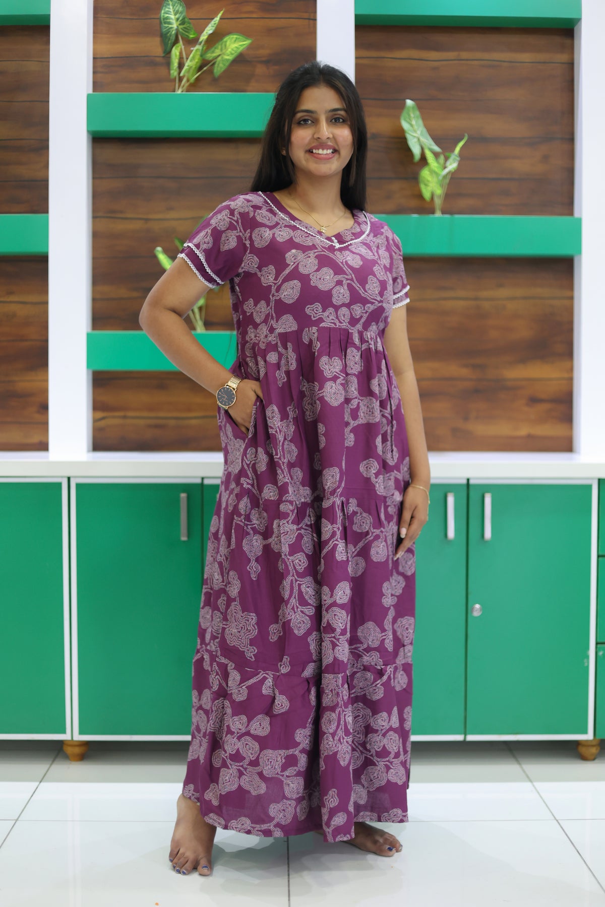 MANGAI New Alpine 3 Layer Frock for Women | Stylish Double Layer Sleeve Nighty with Fancy Neck | Back Tie Rope & Side Pocket | Flared Bottom Full Length Modern Nightwear (AFK)