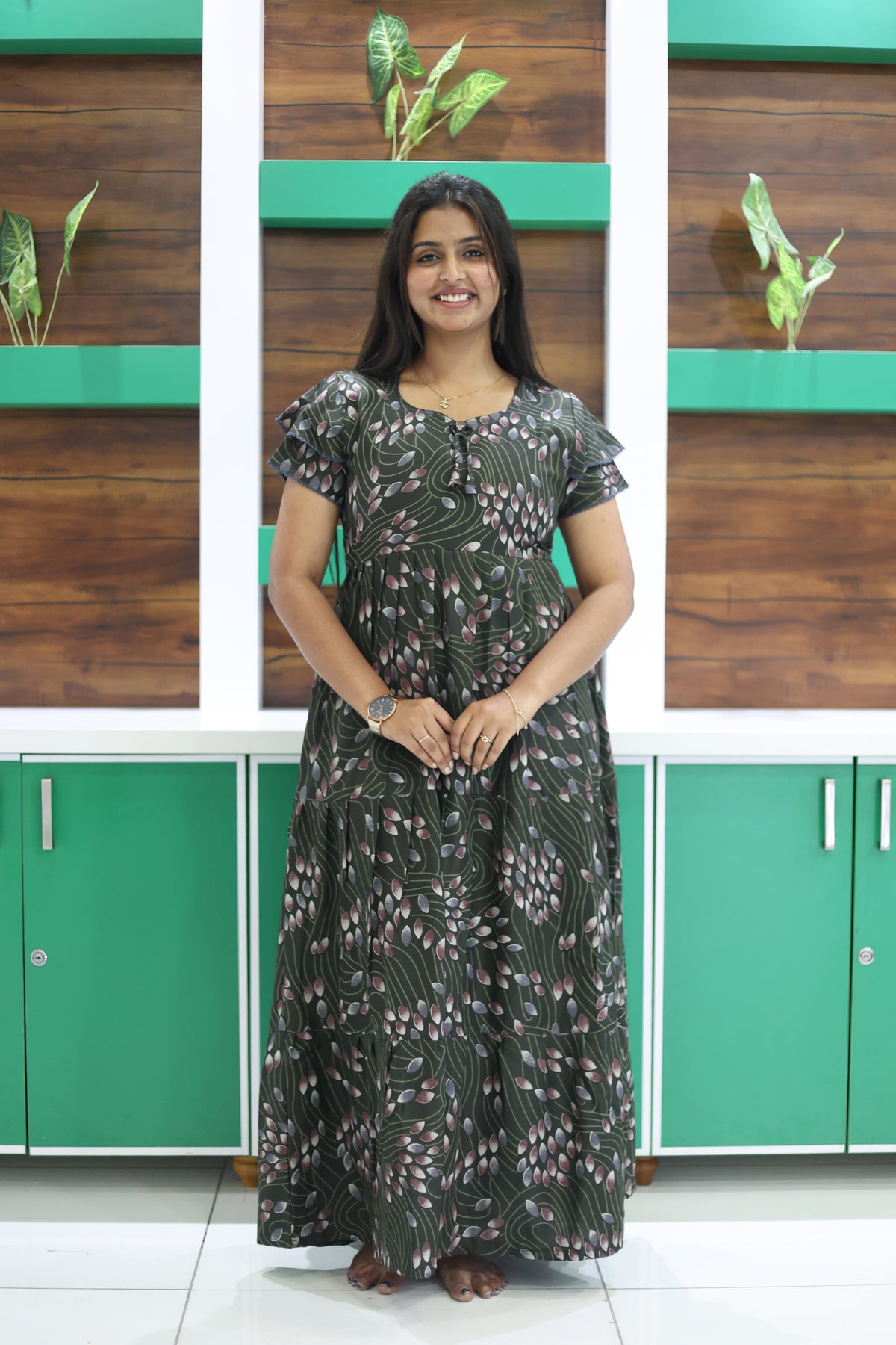 MANGAI New Alpine 3 Layer Frock for Women | Stylish Double Layer Sleeve Nighty with Fancy Neck | Back Tie Rope & Side Pocket | Flared Bottom Full Length Modern Nightwear (AFK)