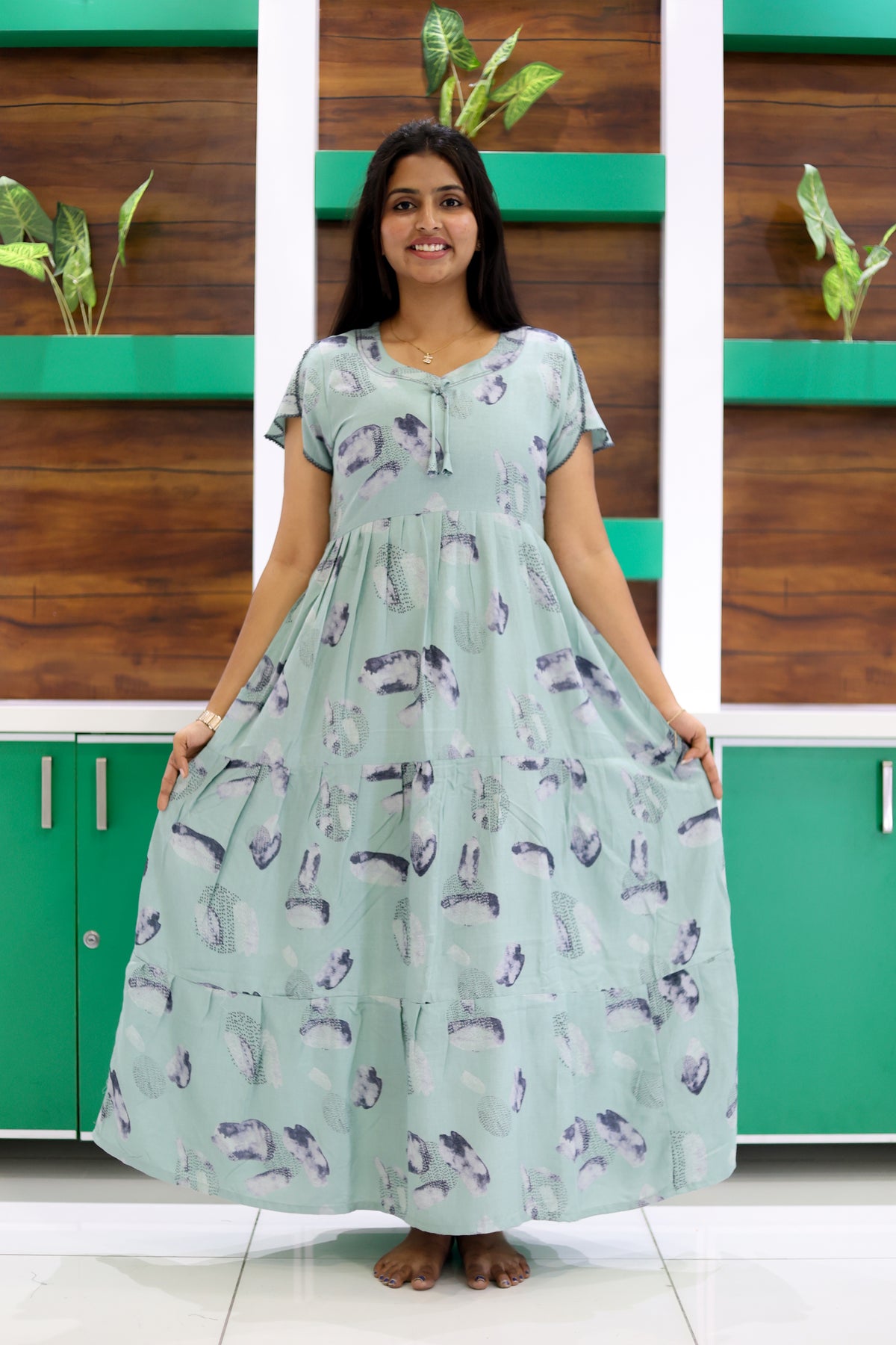 MANGAI New Alpine 3 Layer Frock for Women | Stylish Petal Sleeve Nighty with Fancy Neck | Back Tie Rope & Side Pocket | Flared Bottom Full Length Cozy Modern Nightwear (AFK)