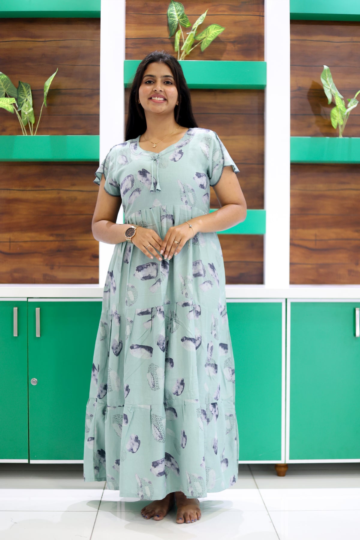 MANGAI New Alpine 3 Layer Frock for Women | Stylish Petal Sleeve Nighty with Fancy Neck | Back Tie Rope & Side Pocket | Flared Bottom Full Length Cozy Modern Nightwear (AFK)