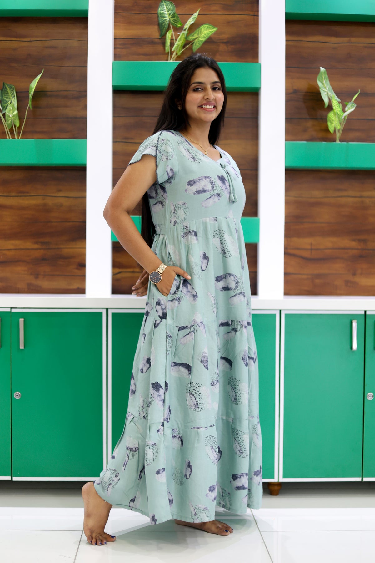 MANGAI New Alpine 3 Layer Frock for Women | Stylish Petal Sleeve Nighty with Fancy Neck | Back Tie Rope & Side Pocket | Flared Bottom Full Length Cozy Modern Nightwear (AFK)