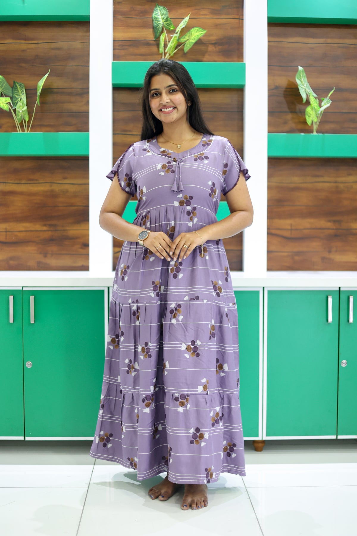 MANGAI New Alpine 3 Layer Frock for Women | Stylish Petal Sleeve Nighty with Fancy Neck | Back Tie Rope & Side Pocket | Flared Bottom Full Length Cozy Modern Nightwear (AFK)