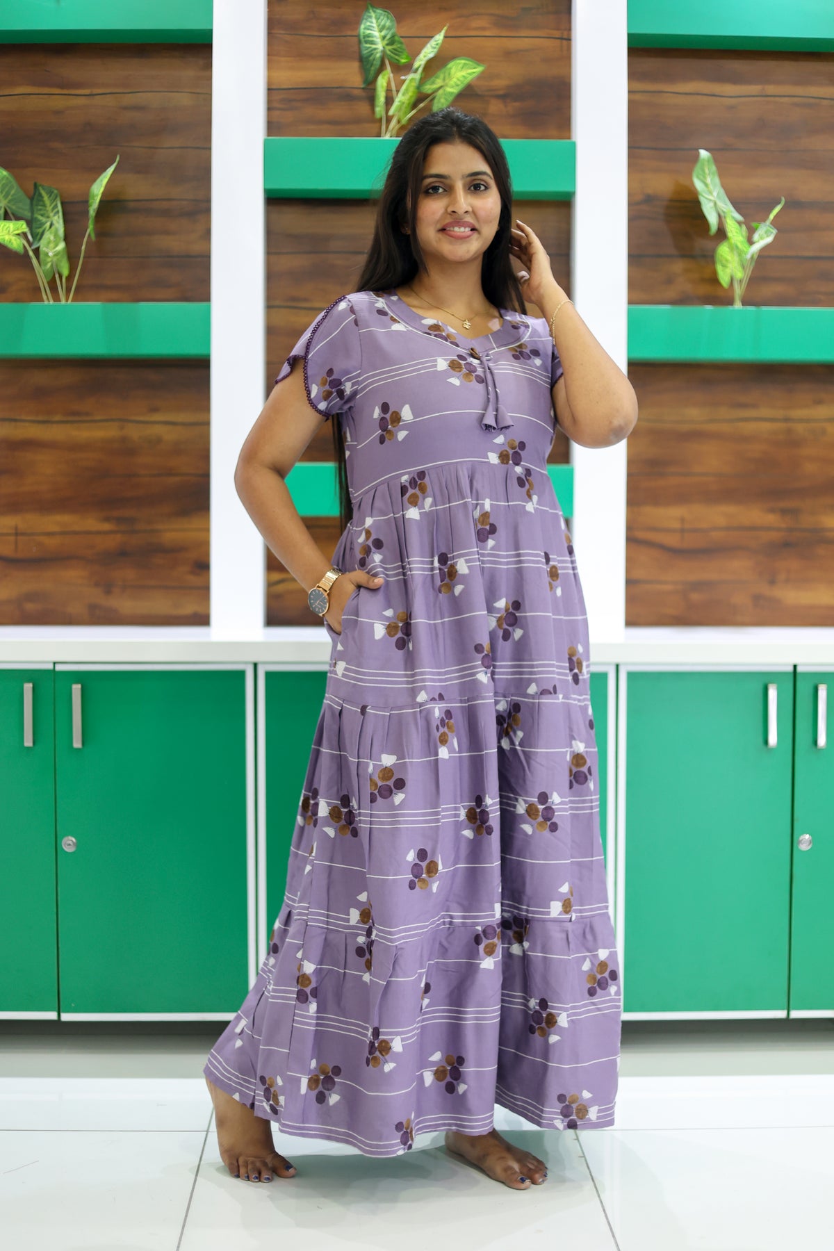 MANGAI New Alpine 3 Layer Frock for Women | Stylish Petal Sleeve Nighty with Fancy Neck | Back Tie Rope & Side Pocket | Flared Bottom Full Length Cozy Modern Nightwear (AFK)