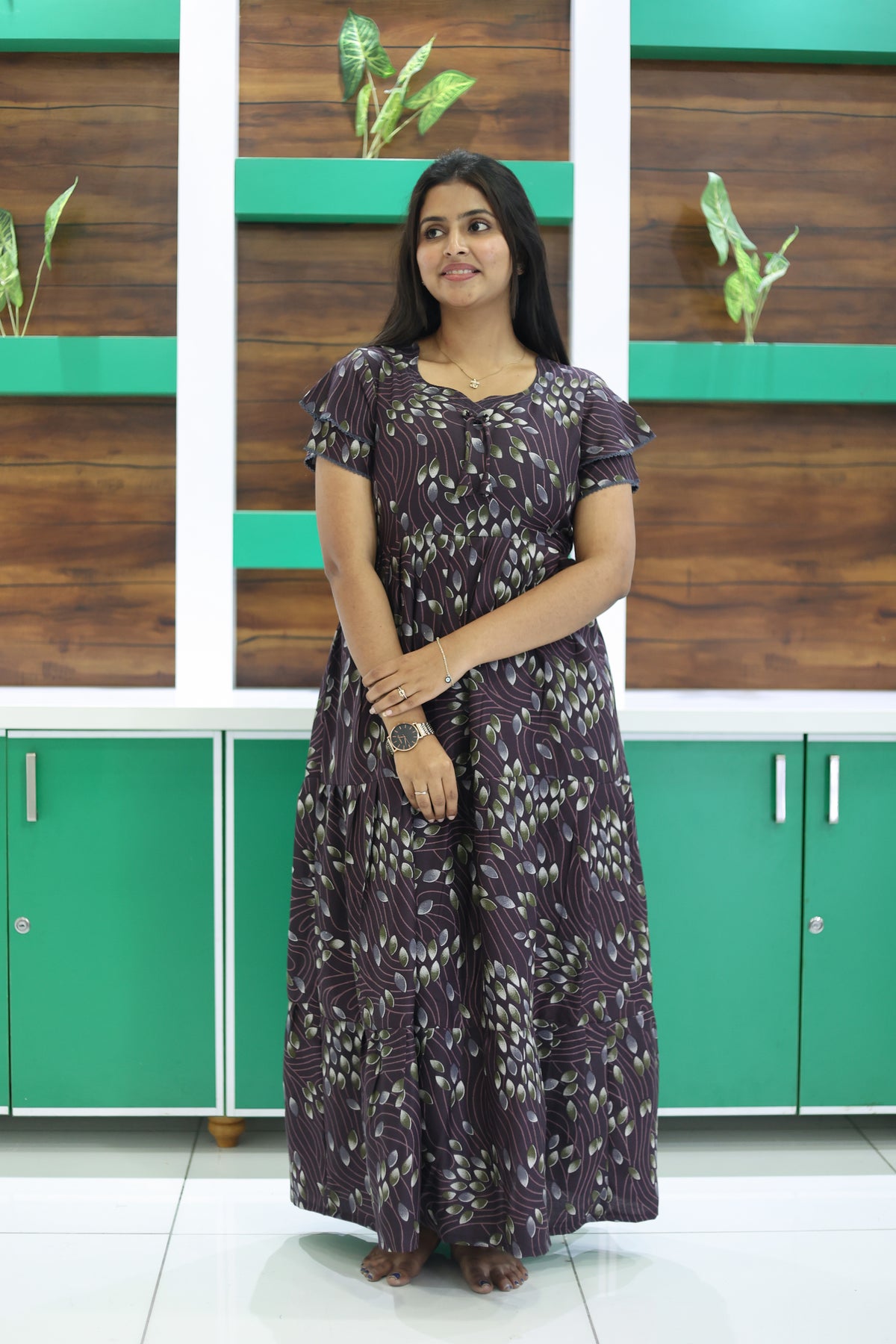 MANGAI New Alpine 3 Layer Frock for Women | Stylish Double Layer Sleeve Nighty with Fancy Neck | Back Tie Rope & Side Pocket | Flared Bottom Full Length Modern Nightwear (AFK)