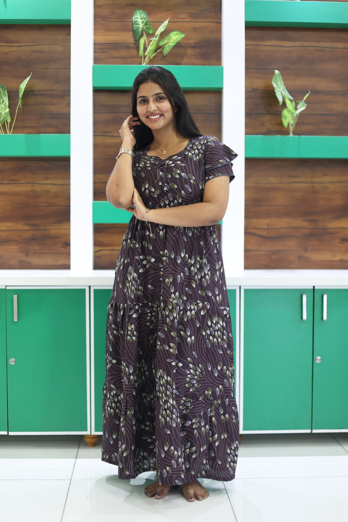 MANGAI New Alpine 3 Layer Frock for Women | Stylish Double Layer Sleeve Nighty with Fancy Neck | Back Tie Rope & Side Pocket | Flared Bottom Full Length Modern Nightwear (AFK)