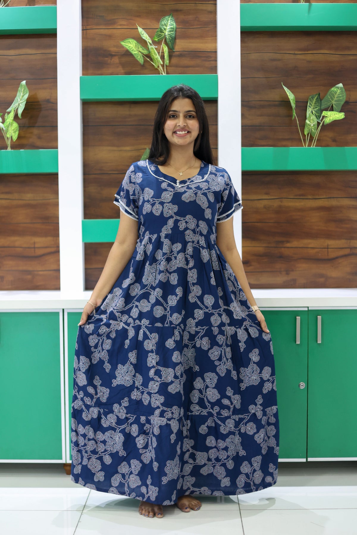 MANGAI New Alpine 3 Layer Frock for Women | Stylish Double Layer Sleeve Nighty with Fancy Neck | Back Tie Rope & Side Pocket | Flared Bottom Full Length Modern Nightwear (AFK)