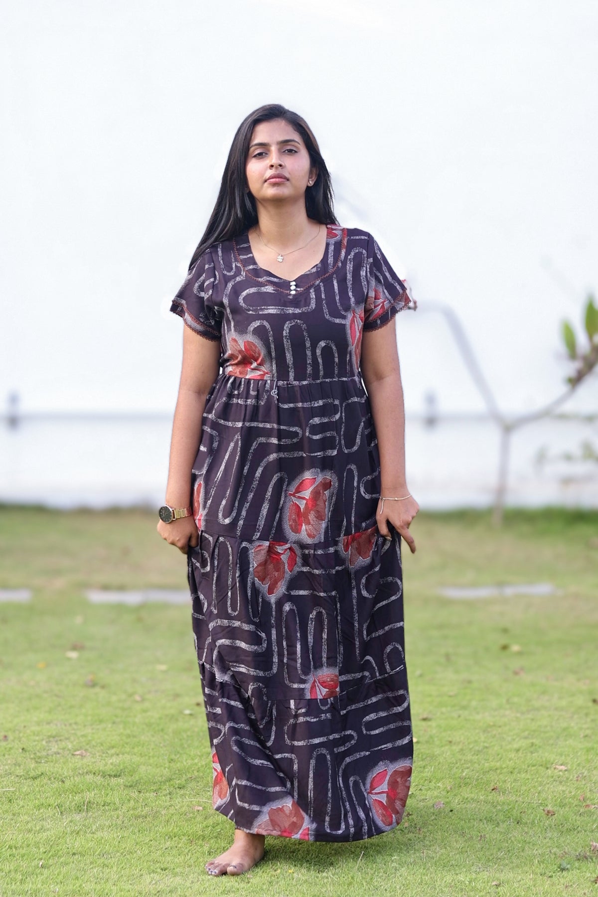 MANGAI New Alpine 3 Layer Frock for Women | Stylish Double Layer Sleeve Nighty with Fancy Neck | Back Tie Rope & Side Pocket | Flared Bottom Full Length Modern Nightwear (AFK)