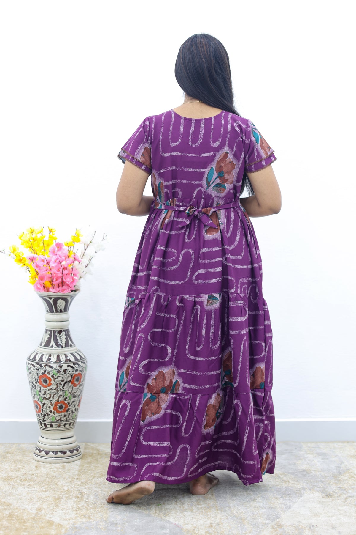 MANGAI New Alpine 3 Layer Frock for Women | Stylish Double Layer Sleeve Nighty with Fancy Neck | Back Tie Rope & Side Pocket | Flared Bottom Full Length Modern Nightwear (AFK)