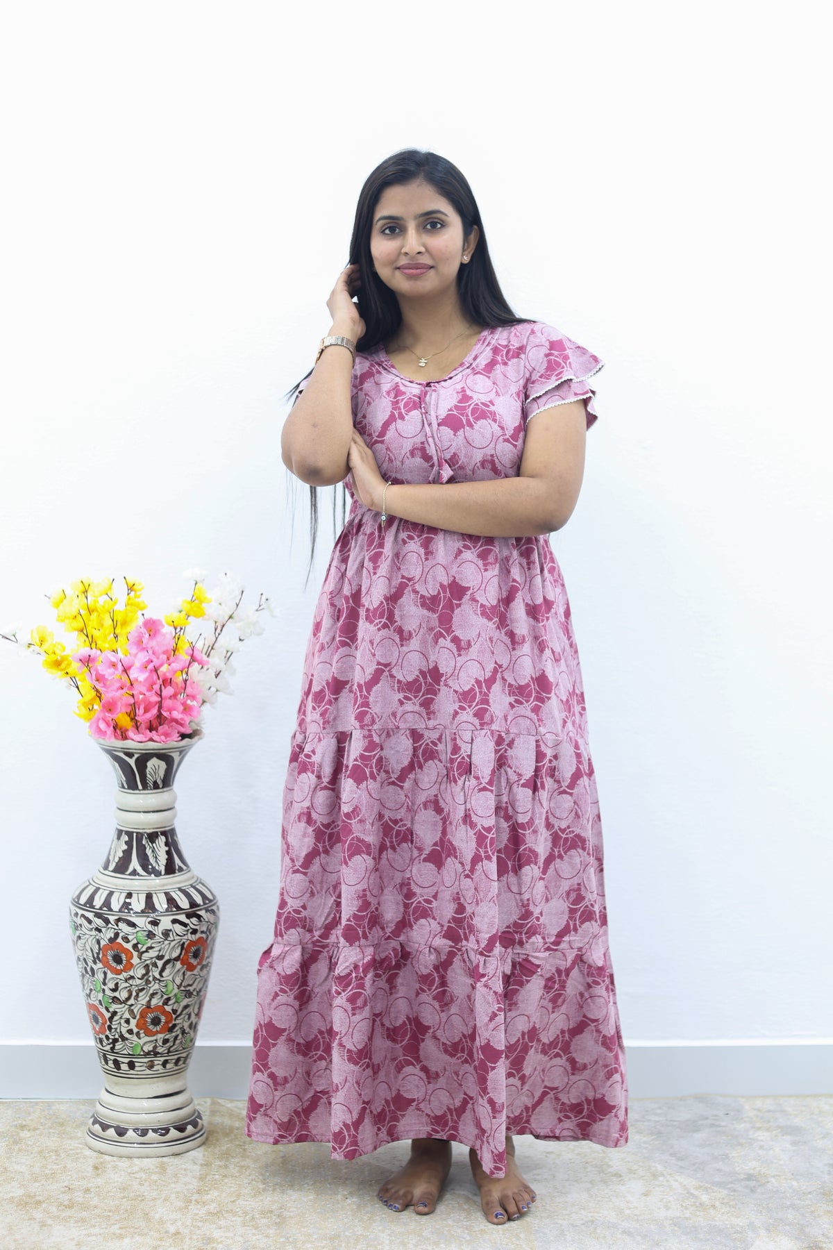 MANGAI New Alpine 3 Layer Frock for Women | Stylish Double Layer Sleeve Nighty with Fancy Neck | Back Tie Rope & Side Pocket | Flared Bottom Full Length Modern Nightwear (AFK)