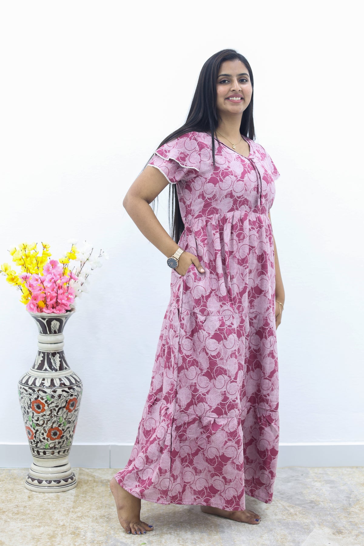 MANGAI New Alpine 3 Layer Frock for Women | Stylish Double Layer Sleeve Nighty with Fancy Neck | Back Tie Rope & Side Pocket | Flared Bottom Full Length Modern Nightwear (AFK)