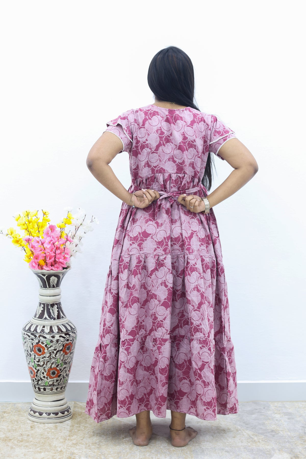 MANGAI New Alpine 3 Layer Frock for Women | Stylish Double Layer Sleeve Nighty with Fancy Neck | Back Tie Rope & Side Pocket | Flared Bottom Full Length Modern Nightwear (AFK)