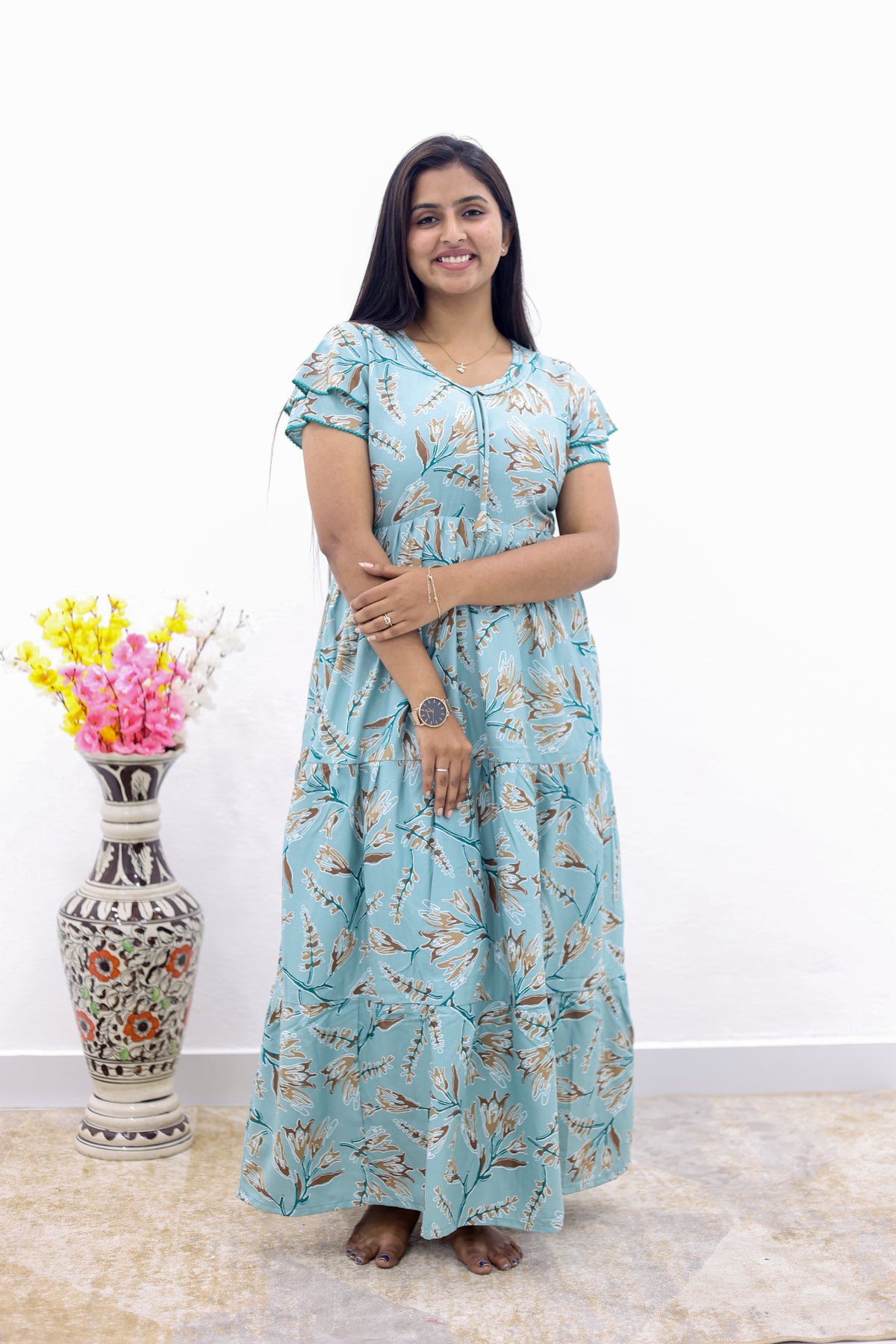 MANGAI New Alpine 3 Layer Frock for Women | Stylish Double Layer Sleeve Nighty with Fancy Neck | Back Tie Rope & Side Pocket | Flared Bottom Full Length Modern Nightwear (AFK)