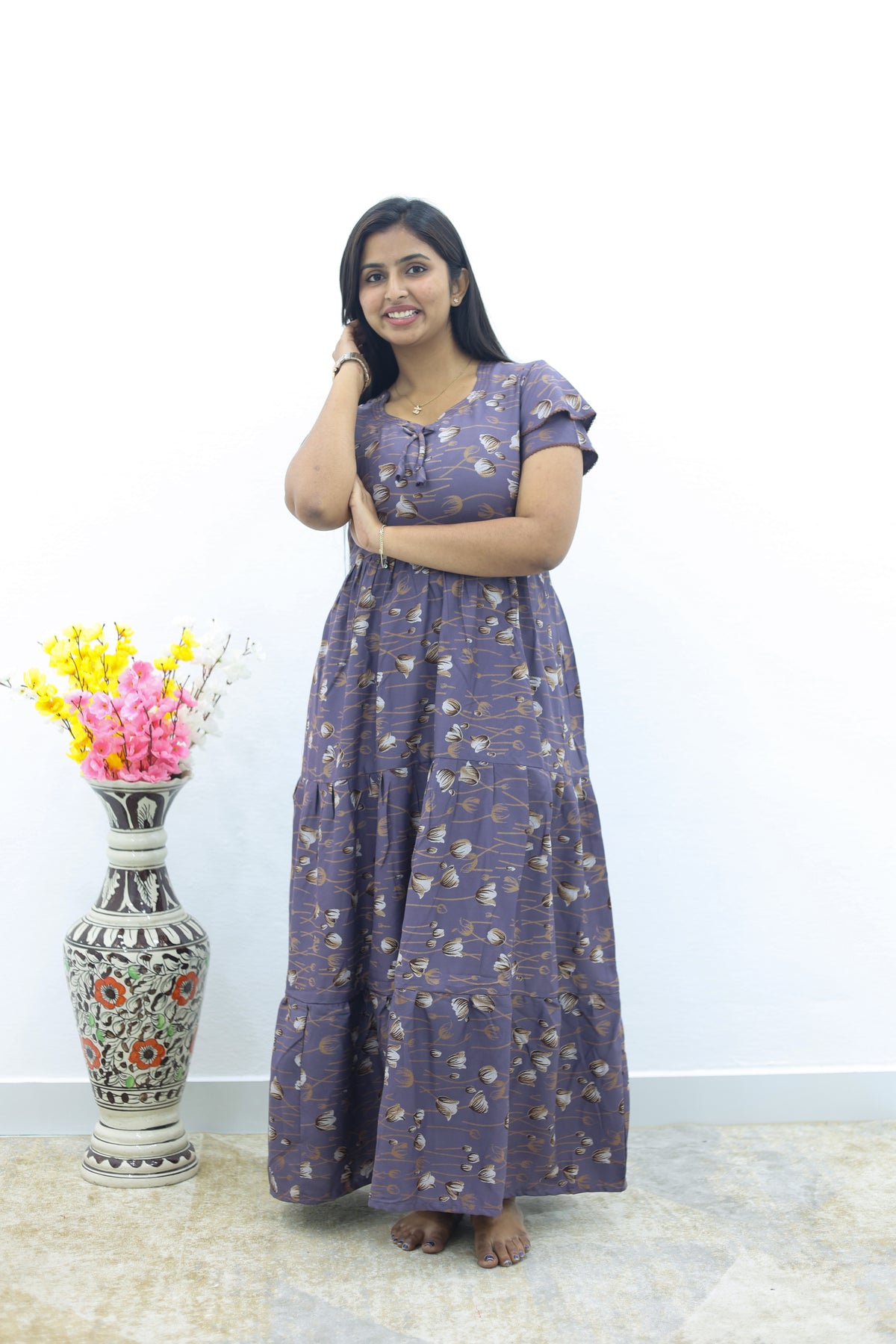 MANGAI New Alpine 3 Layer Frock for Women | Stylish Double Layer Sleeve Nighty with Fancy Neck | Back Tie Rope & Side Pocket | Flared Bottom Full Length Modern Nightwear (AFK)