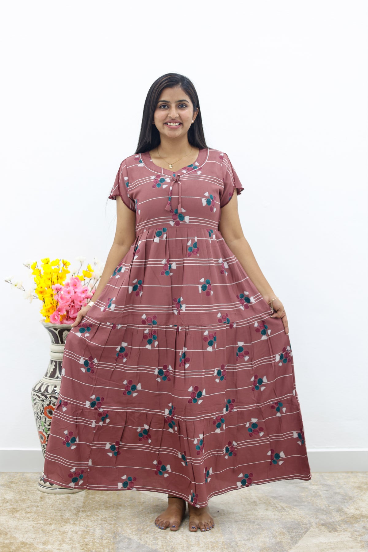 MANGAI New Alpine 3 Layer Frock for Women | Stylish Petal Sleeve Nighty with Fancy Neck | Back Tie Rope & Side Pocket | Flared Bottom Full Length Cozy Modern Nightwear (AFK)