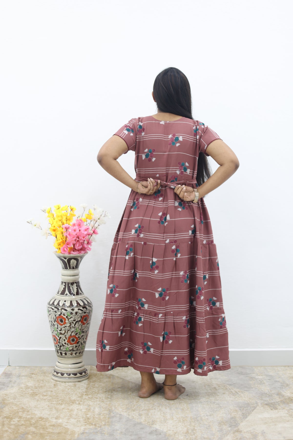 MANGAI New Alpine 3 Layer Frock for Women | Stylish Petal Sleeve Nighty with Fancy Neck | Back Tie Rope & Side Pocket | Flared Bottom Full Length Cozy Modern Nightwear (AFK)