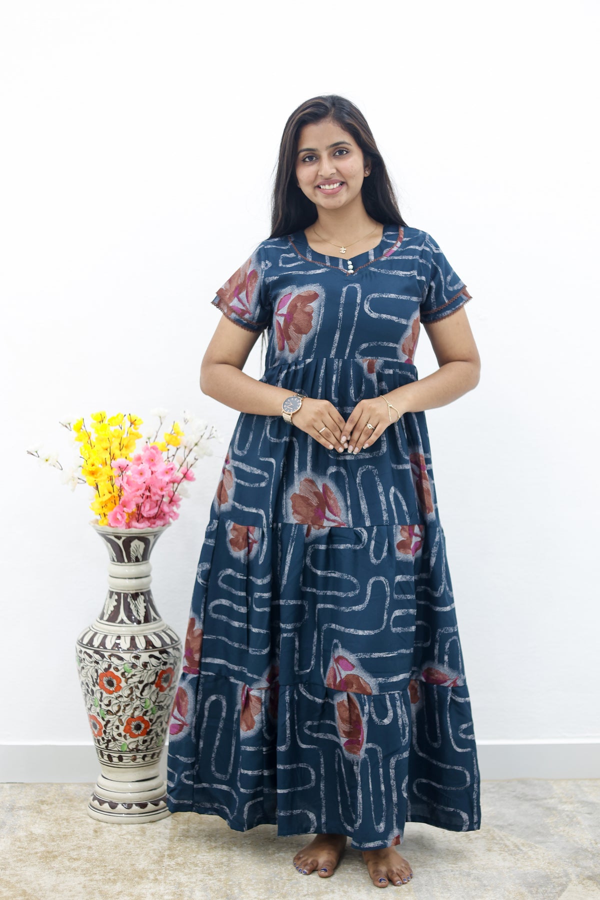 MANGAI New Alpine 3 Layer Frock for Women | Stylish Double Layer Sleeve Nighty with Fancy Neck | Back Tie Rope & Side Pocket | Flared Bottom Full Length Modern Nightwear (AFK)