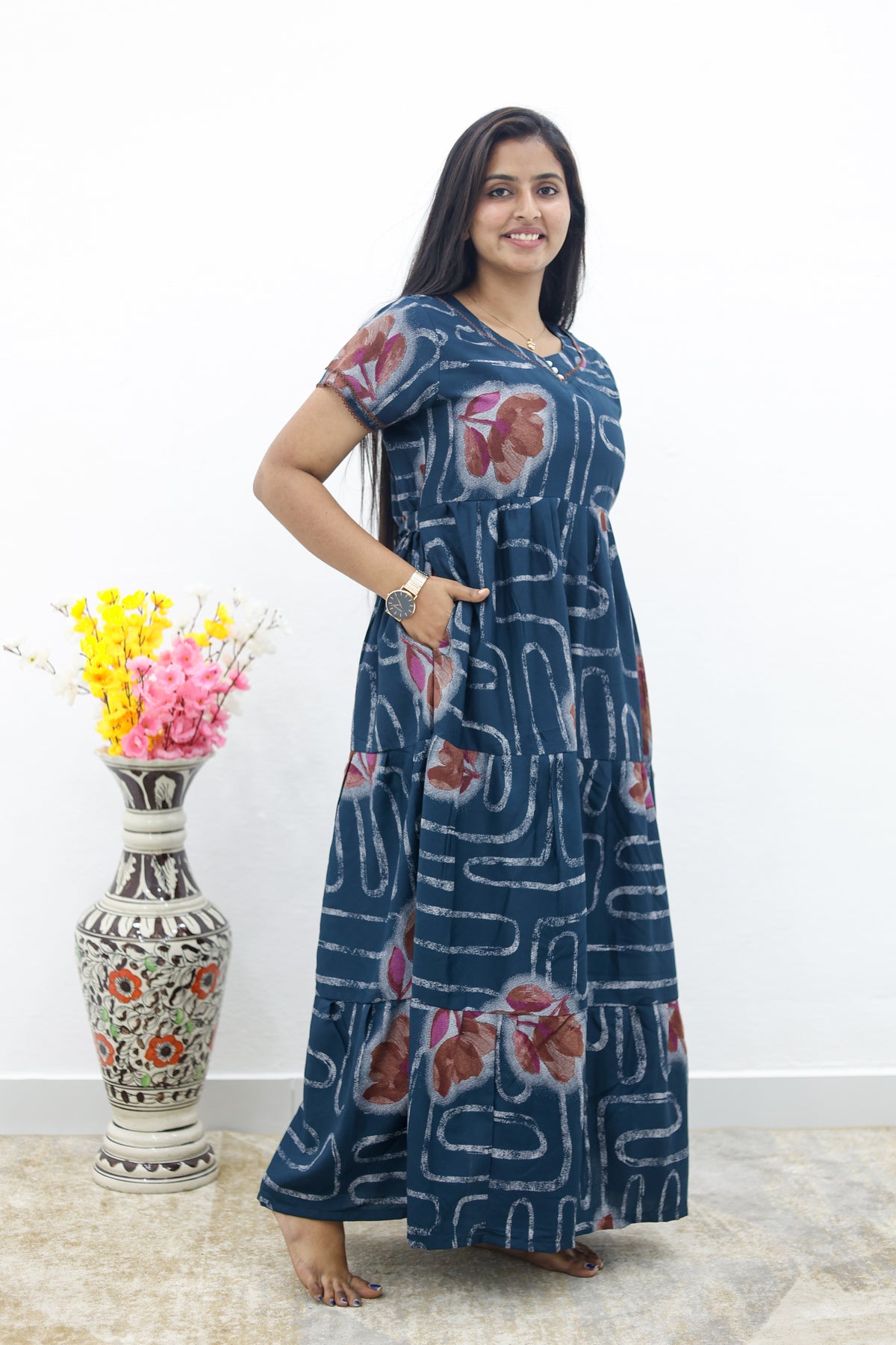 MANGAI New Alpine 3 Layer Frock for Women | Stylish Double Layer Sleeve Nighty with Fancy Neck | Back Tie Rope & Side Pocket | Flared Bottom Full Length Modern Nightwear (AFK)