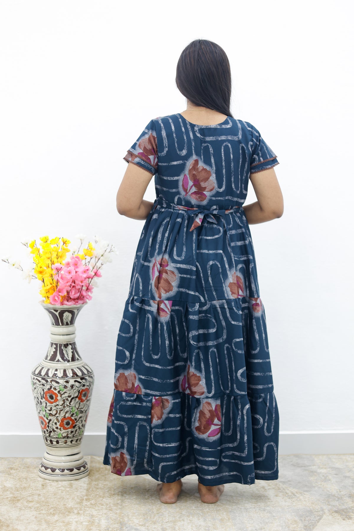 MANGAI New Alpine 3 Layer Frock for Women | Stylish Double Layer Sleeve Nighty with Fancy Neck | Back Tie Rope & Side Pocket | Flared Bottom Full Length Modern Nightwear (AFK)