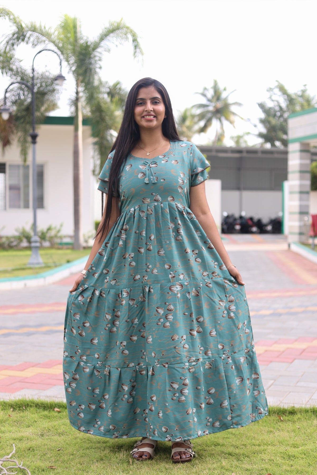 MANGAI New Alpine 3 Layer Frock for Women | Stylish Double Layer Sleeve Nighty with Fancy Neck | Back Tie Rope & Side Pocket | Flared Bottom Full Length Modern Nightwear (AFK)