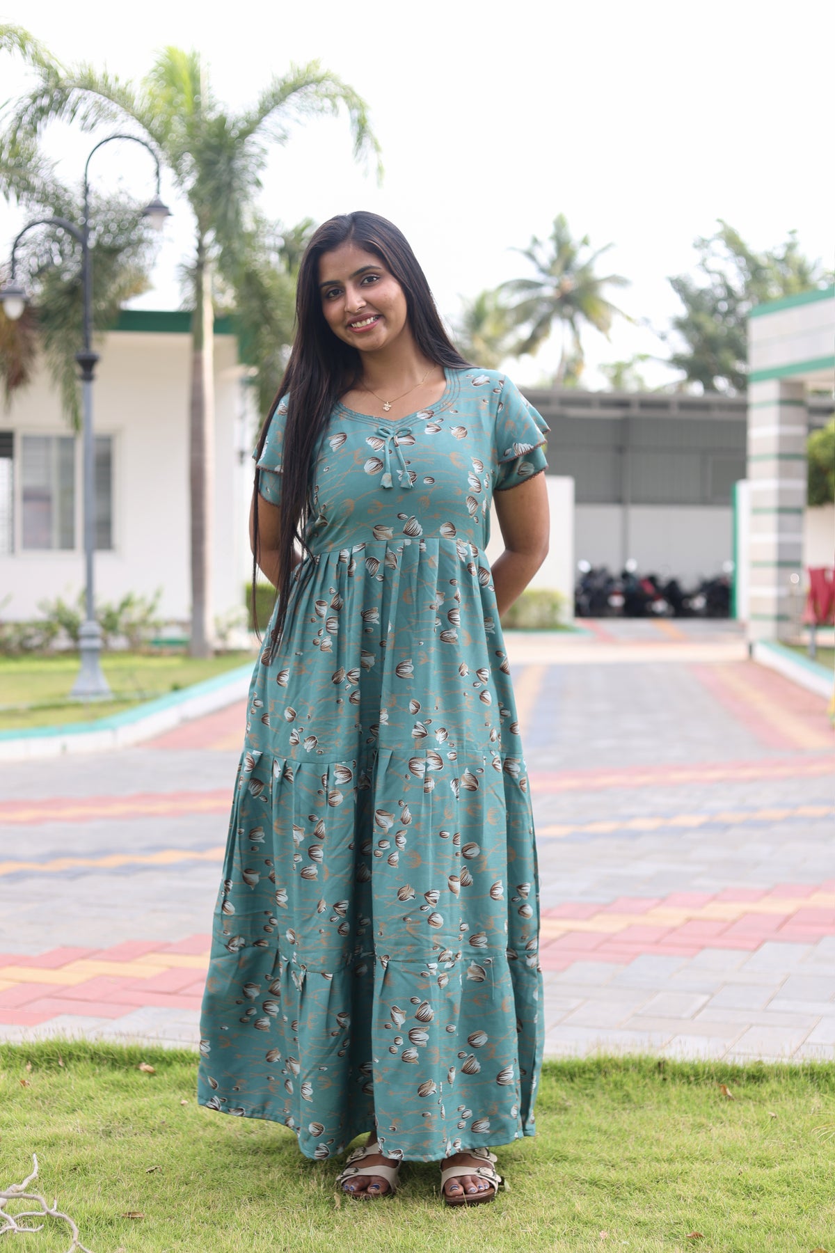 MANGAI New Alpine 3 Layer Frock for Women | Stylish Double Layer Sleeve Nighty with Fancy Neck | Back Tie Rope & Side Pocket | Flared Bottom Full Length Modern Nightwear (AFK)