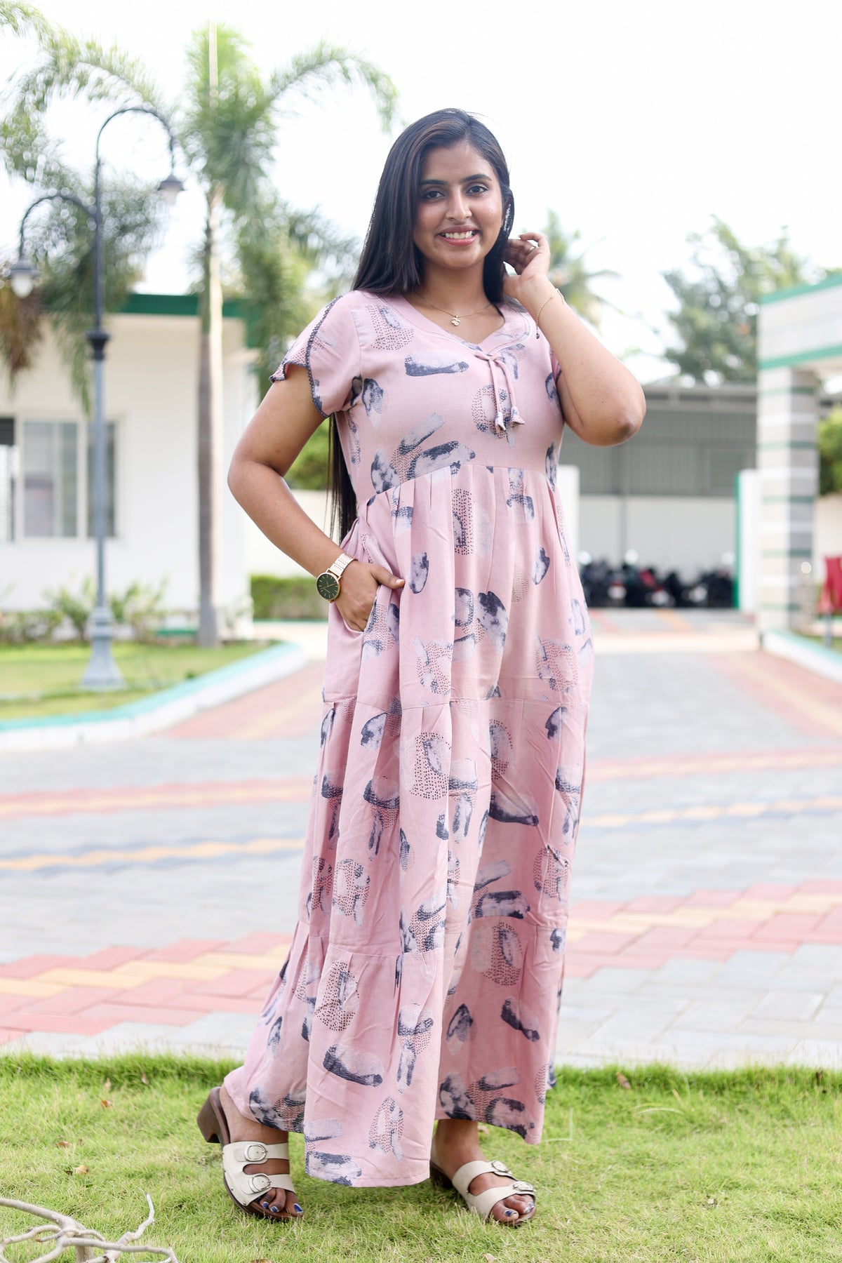 MANGAI New Alpine 3 Layer Frock for Women | Stylish Petal Sleeve Nighty with Fancy Neck | Back Tie Rope & Side Pocket | Flared Bottom Full Length Cozy Modern Nightwear (AFK)