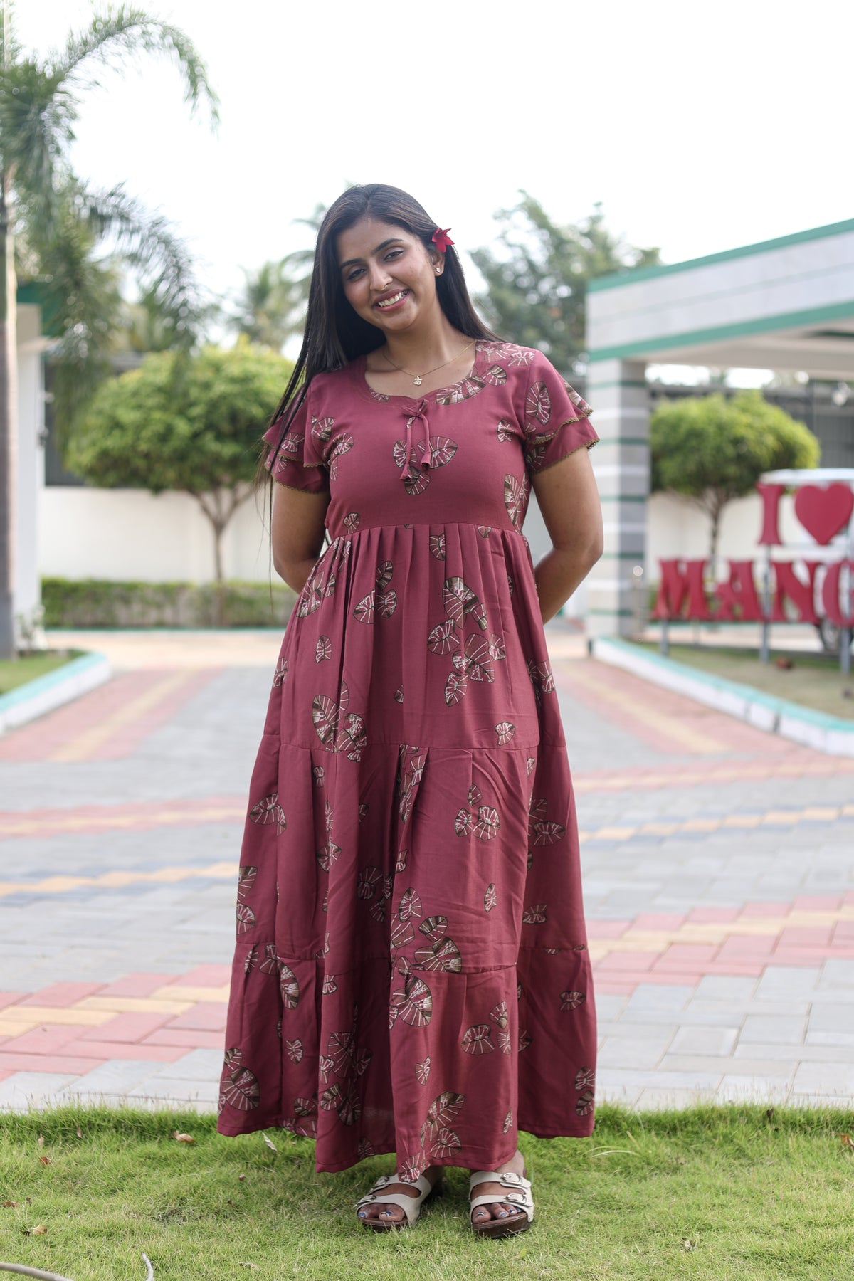 MANGAI New Alpine 3 Layer Frock for Women | Stylish Double Layer Sleeve Nighty with Fancy Neck | Back Tie Rope & Side Pocket | Flared Bottom Full Length Modern Nightwear (AFK)