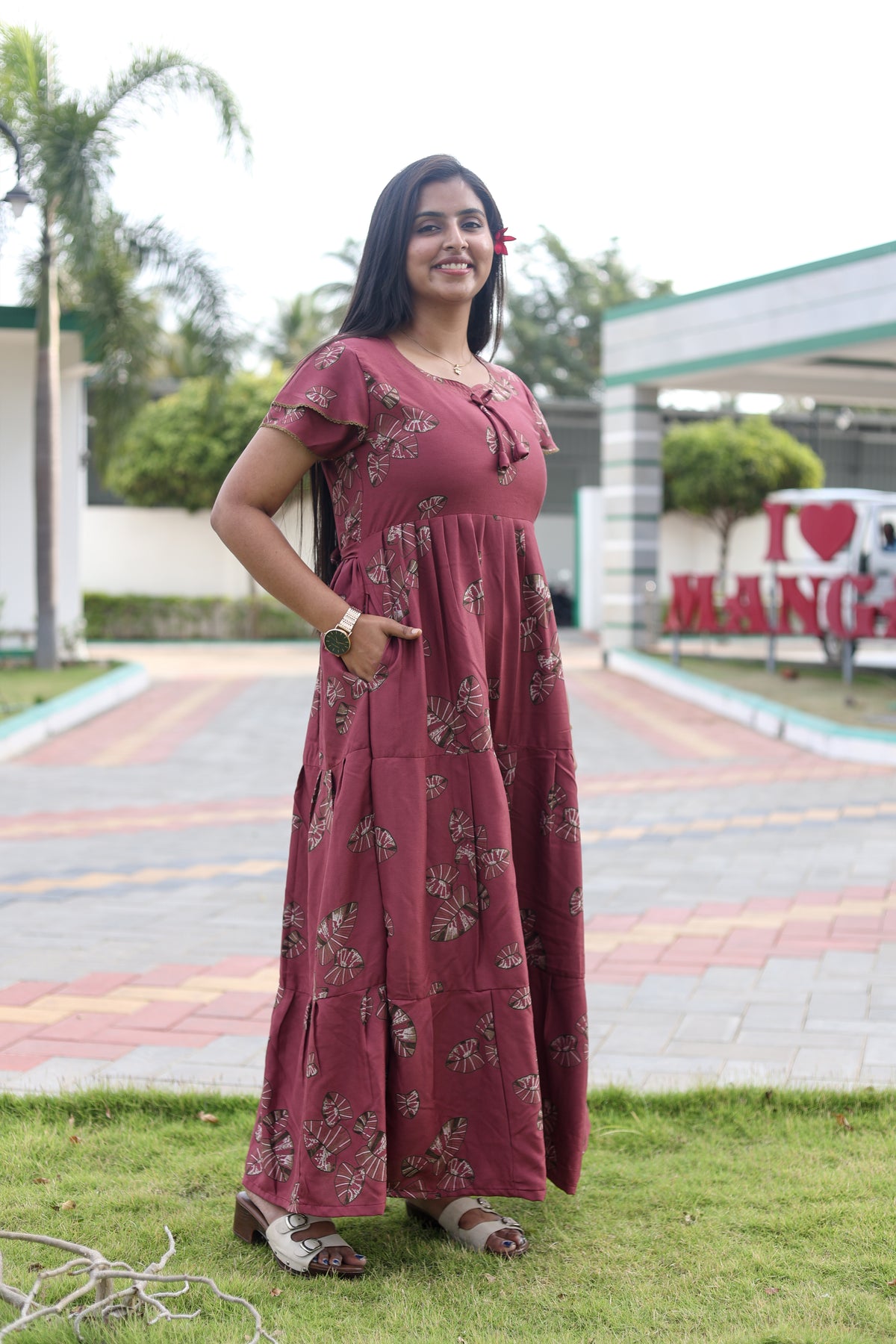 MANGAI New Alpine 3 Layer Frock for Women | Stylish Double Layer Sleeve Nighty with Fancy Neck | Back Tie Rope & Side Pocket | Flared Bottom Full Length Modern Nightwear (AFK)