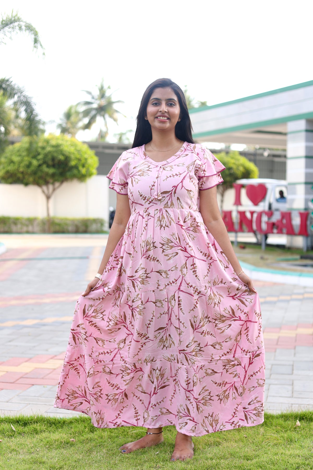 MANGAI New Alpine 3 Layer Frock for Women | Stylish Double Layer Sleeve Nighty with Fancy Neck | Back Tie Rope & Side Pocket | Flared Bottom Full Length Modern Nightwear (AFK)