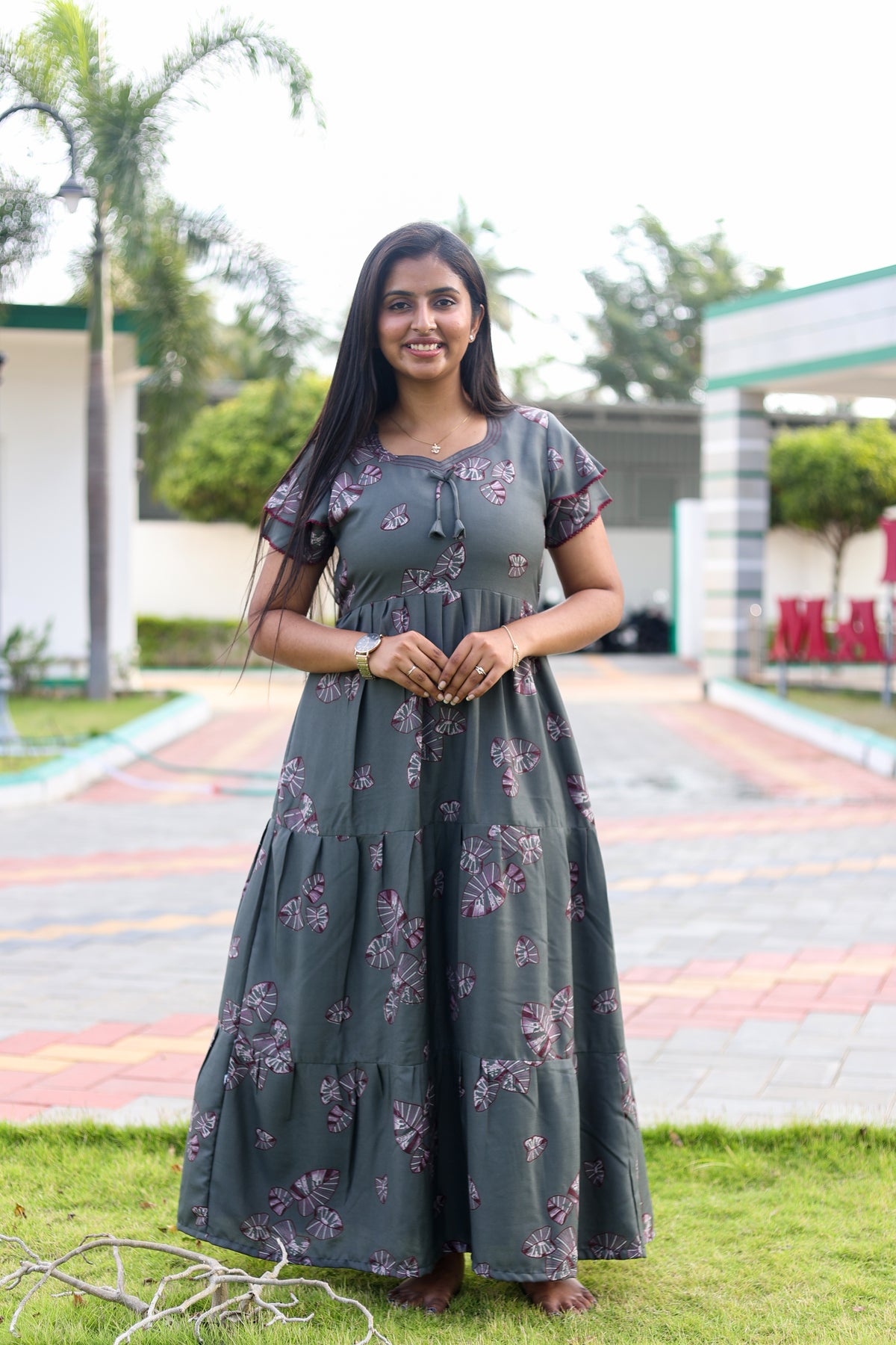 MANGAI New Alpine 3 Layer Frock for Women | Stylish Double Layer Sleeve Nighty with Fancy Neck | Back Tie Rope & Side Pocket | Flared Bottom Full Length Modern Nightwear (AFK)