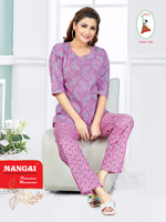 MANGAI Premium Cotton Printed Cambric Night Suits | Stylish Print's All Over | Top & Bottom Set | 3/4 Sleeve | Trendy Night Suits for Stylish Women's (CMNS)