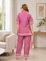 Pink Printed Linen Cotton Night Suit with 3/4 Sleeve - Mangai Nighties