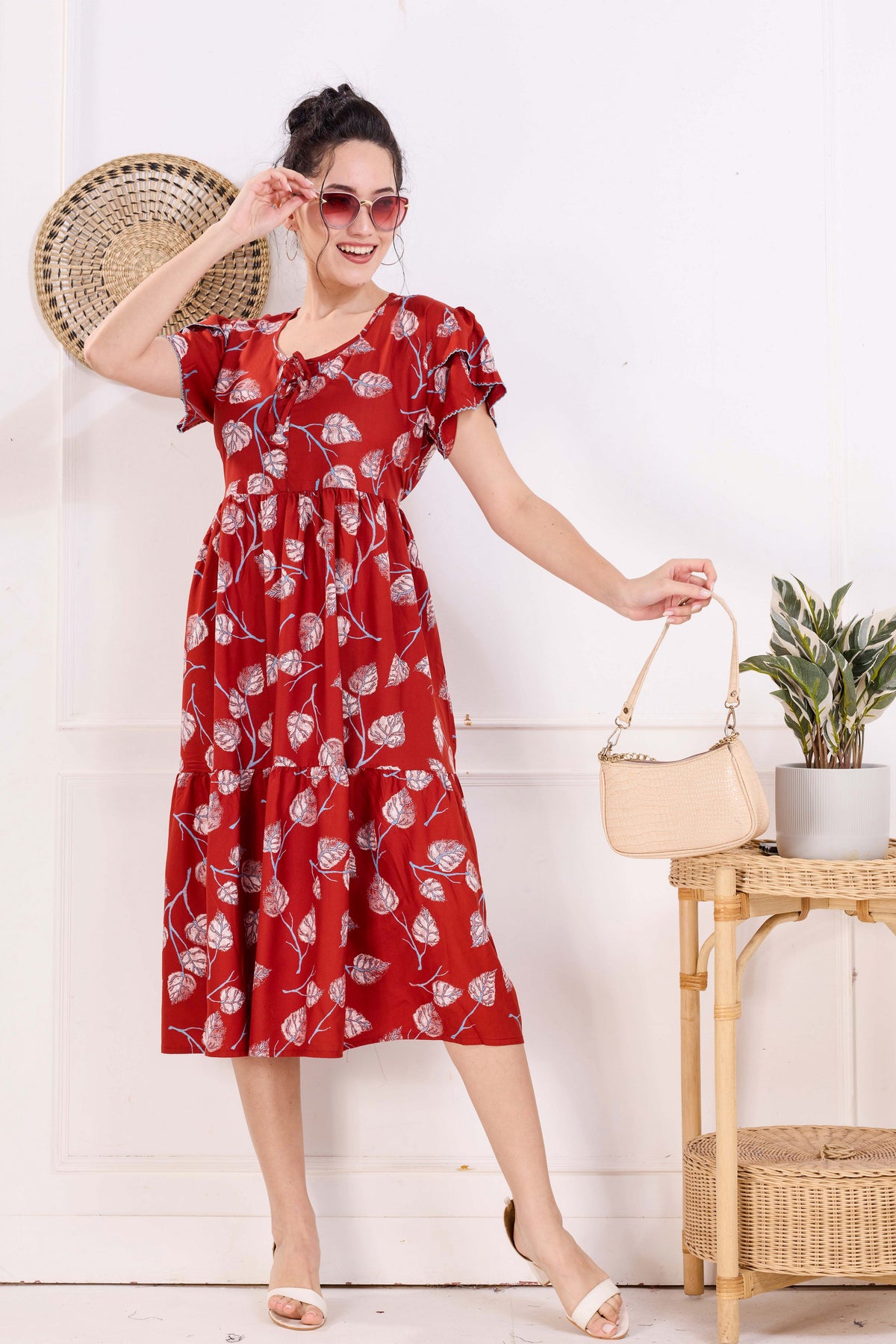 Rayon MAXI FROCK Model Nighties | Fancy Petal Sleeve | Fancy Neck & Side Pocket | Pleated Frock MAXI Style | Trendy Collection's for Stylish Women & Teenage Girl (FSF)