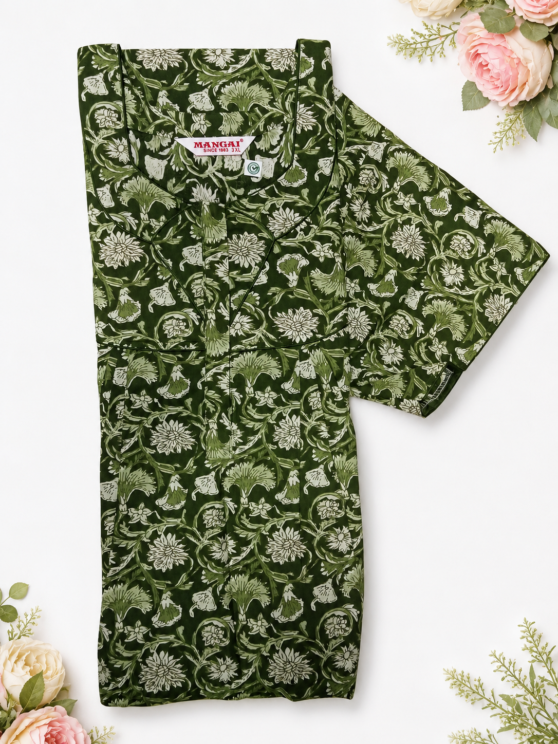 MANGAI Premium Cotton Printed Pleated Model Half Sleeve 3XL Size Nighties With Fancy Neck | With Side Pocket (3PZ)
