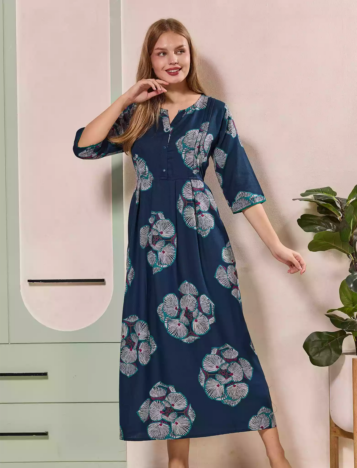 Floral Print Kurti Style Long Sleeve with Pocket – Mangai Nighties