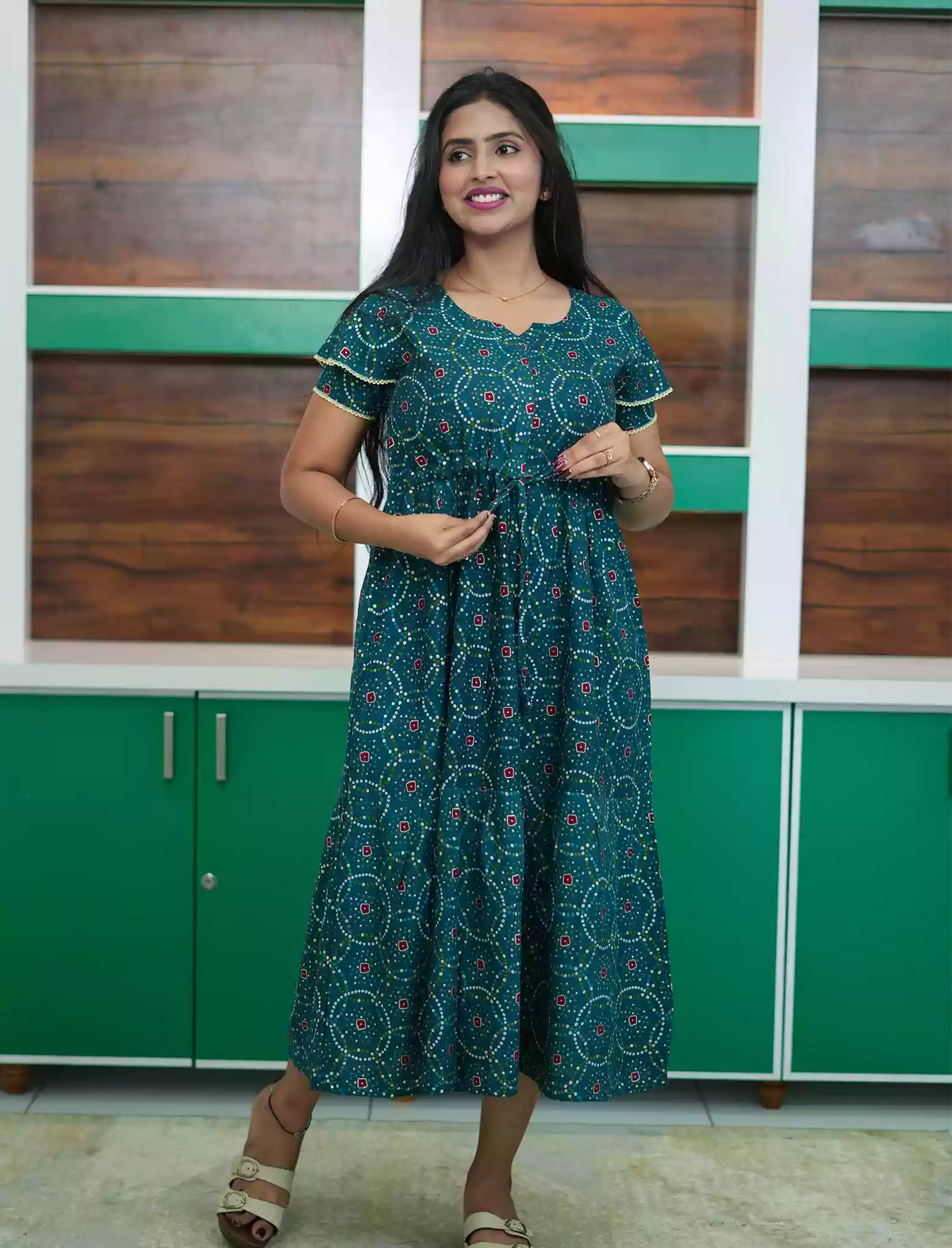 Rayon Circle Print Gathering Maxi with Side Pocket- Mangai Nighties
