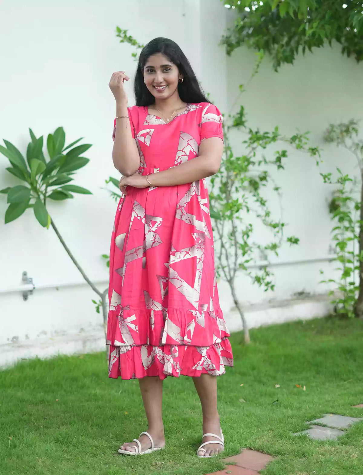 Rayon Abstract Geometric Print Maxi Frock with Back Tie - Mangai Nighties