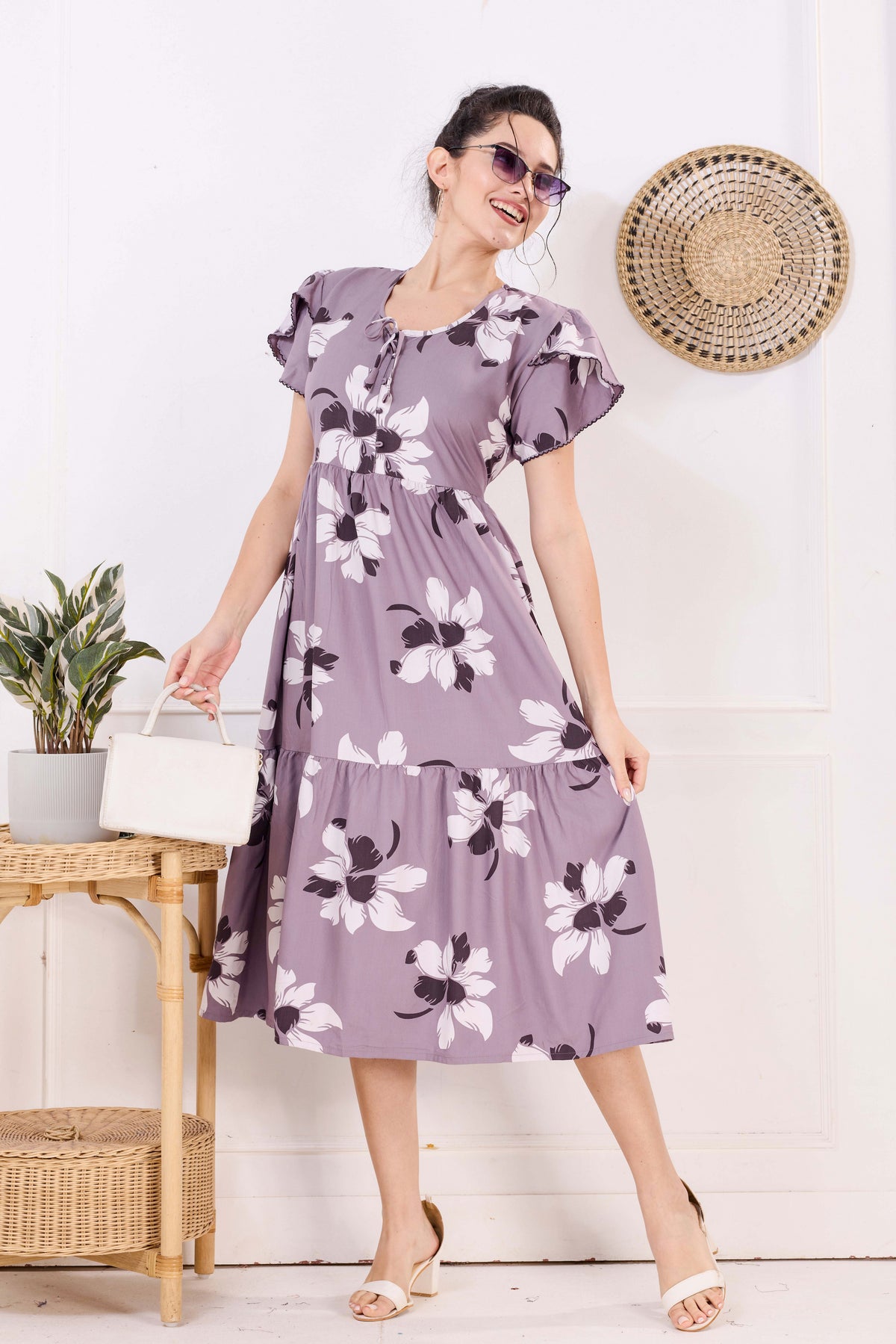Rayon MAXI FROCK Model Nighties | Fancy Petal Sleeve | Fancy Neck & Side Pocket | Pleated Frock MAXI Style | Trendy Collection's for Stylish Women & Teenage Girl (FSF)