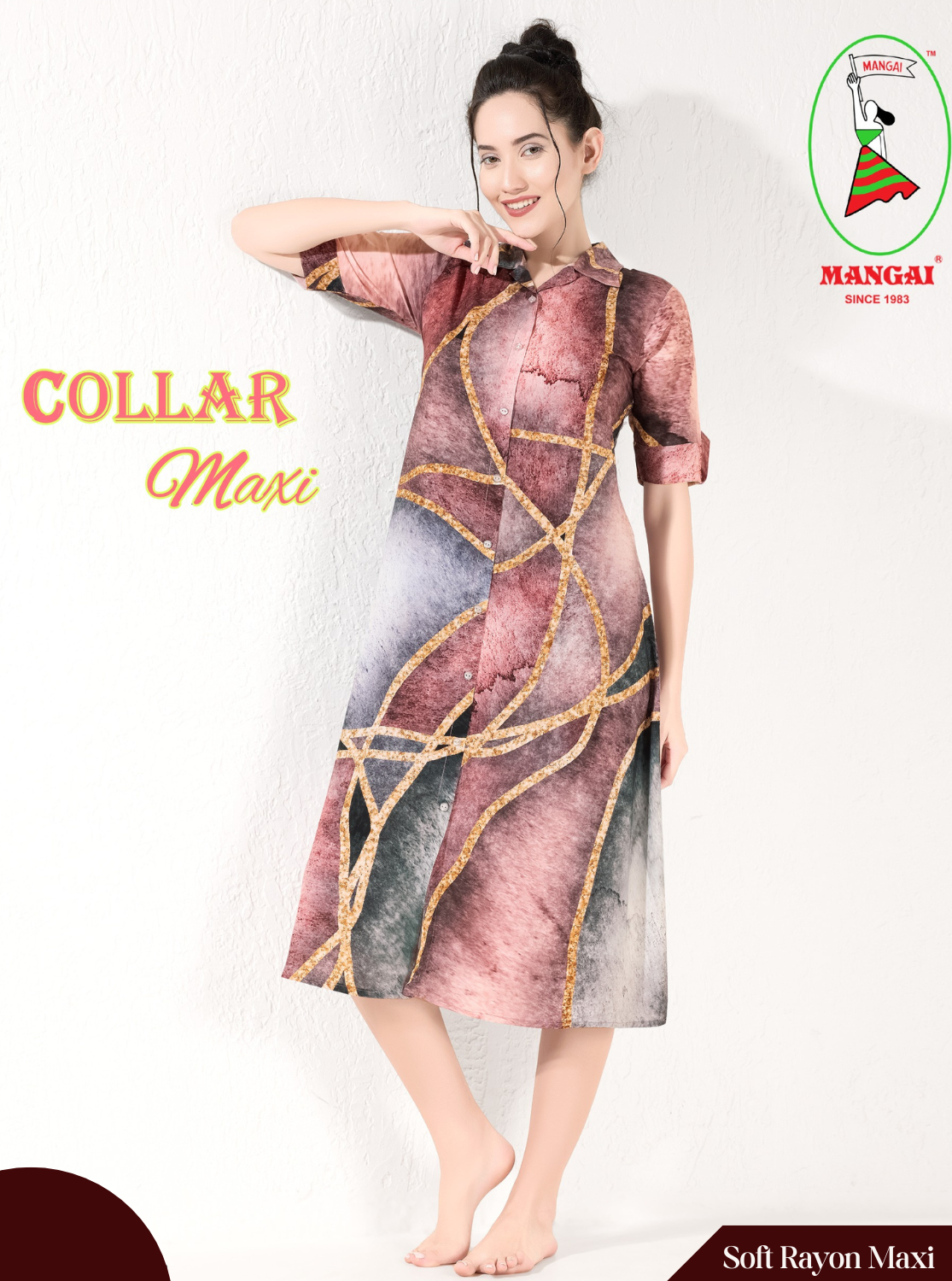 MANGAI Premium Rayon Collar MAXI Nighty for Women | Long Sleeve Stylish Nightwear for Women and Teenager | Perfect Stylish Nightwear (CM)