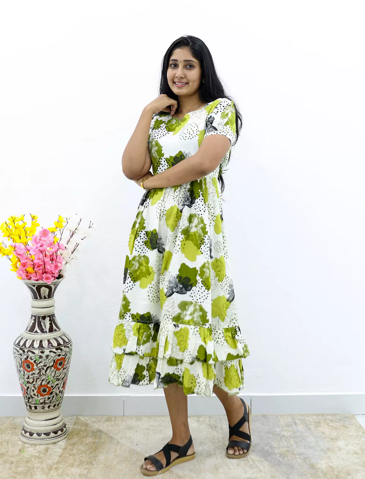 MANGAI Elegant Rayon MAXI Frock | Designer Neck | Half Sleeve | Flared Frill Bottom | Soft & Comfortable Daily Wear (RGM)